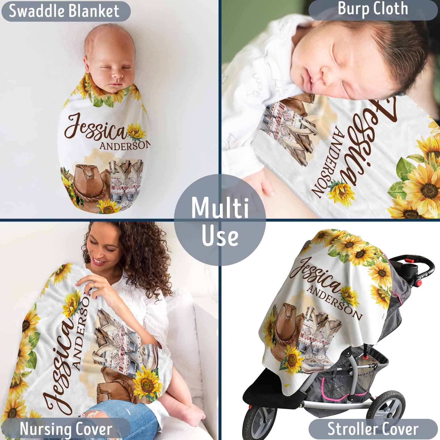Western Personalized Baby Blanket for Girls - Custom Cowgirl Swaddle With Sunflowers, Floral Plush Blanket for Newborn Infant Daughter or Granddaughter