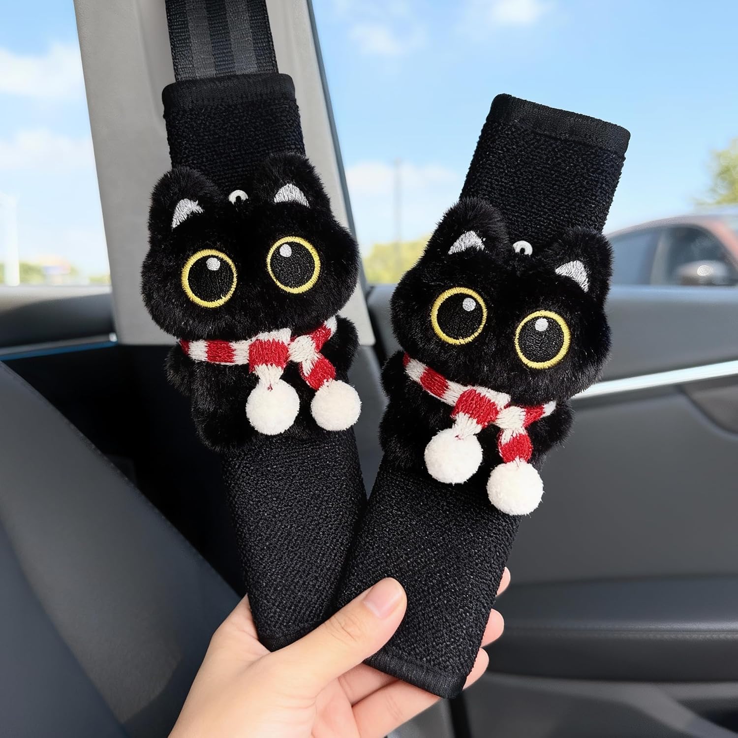 2 PCS Seat Belt Cover Pad, Cute Kawaii Animal Cat Soft Seatbelt Covers for Women, Seatbelt Cushion, Black Car Seat Strap Pads for Summer Spring (Black)