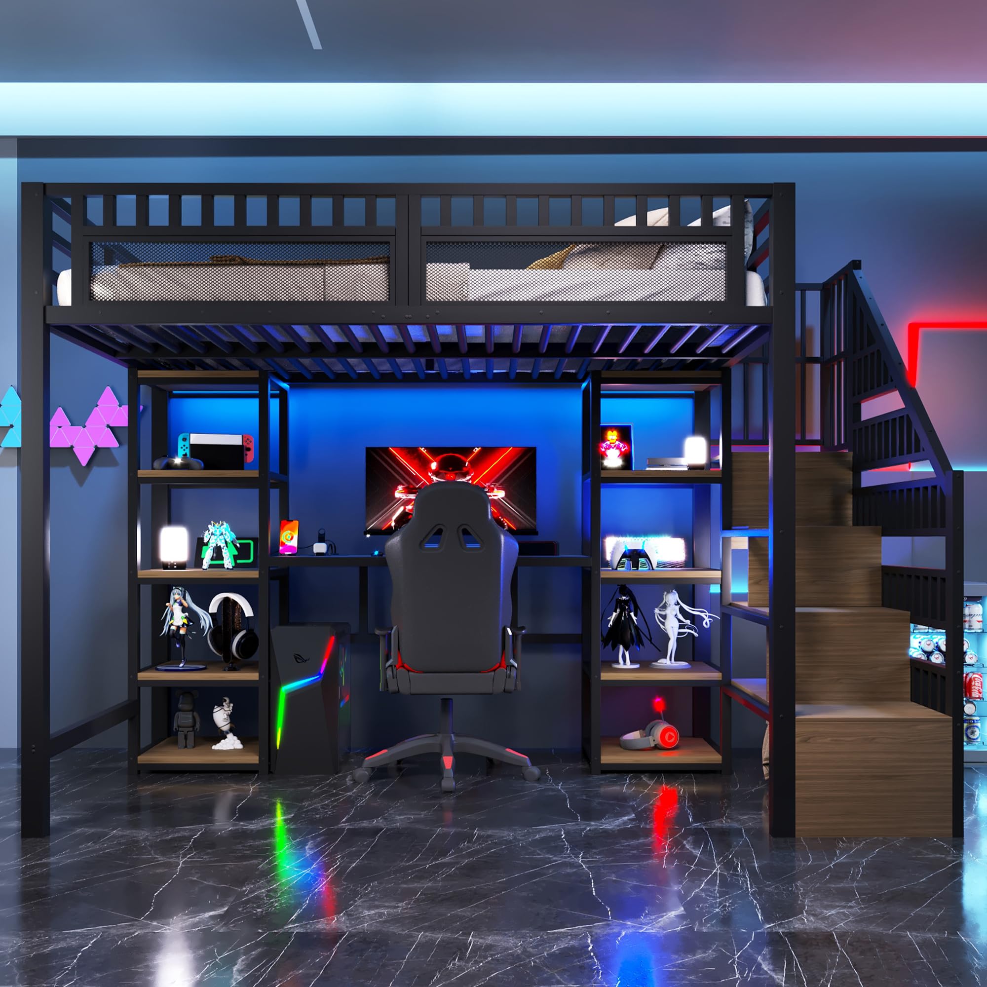 Dolamaní Hochbett 140 x 200 cm Metalbett mit Schreibtisch und Treppe, Bett 140x200 mit stauraum, LED-Lichtleiste & USB-Anschluss, Metalbett Jugendbett Kinderbett, ohne Matratze (schwarz B)