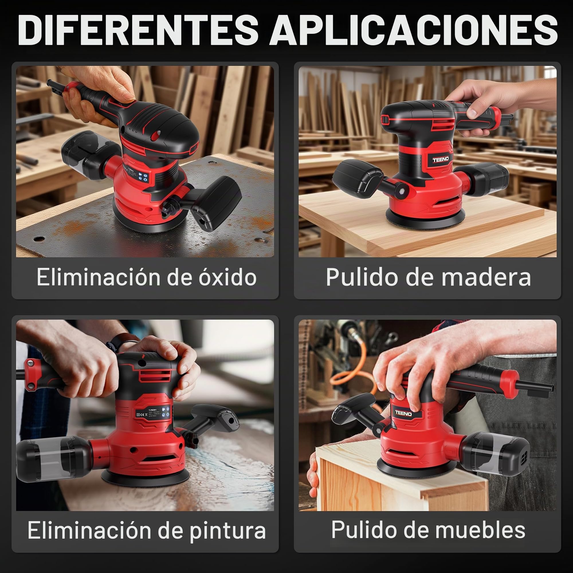 TEENO Lijadora Orbital 450W, 6 Velocidades, 13000 RPM,Ø125/150mm, 20 Discos Abrasivos, Recolección de Polvo, Cable 2m – Con Gafas y Guantes – Para Madera, Metal, Plástico
