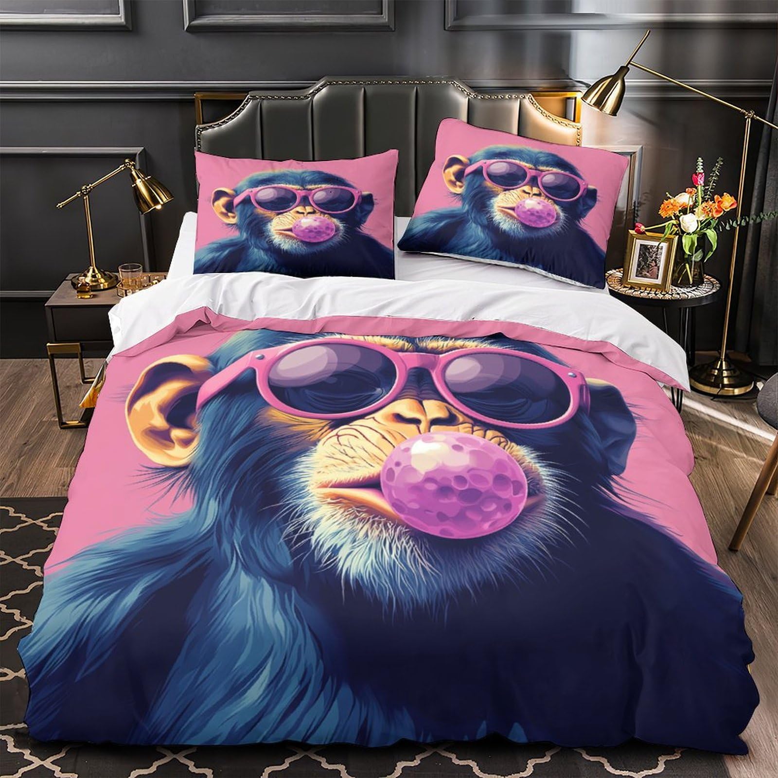 YVASPQRTW Cool Monkey 3D Printing Comforter Cover 3pcs Ultra-Soft Microfibre Skin-Friendly Pop Quilt Cover 2 Pillow Shams Zippered Closure Machine Washable Kids & Teens Single (135x200cm)