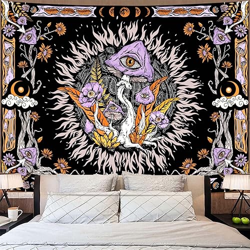 Miniatura 4 de Lifeella Tapiz de hongos morados, ojos hippie con hojas florales, tapices de fase lunar para dormitorio, grunge, para colgar en la pared, 60 x 80