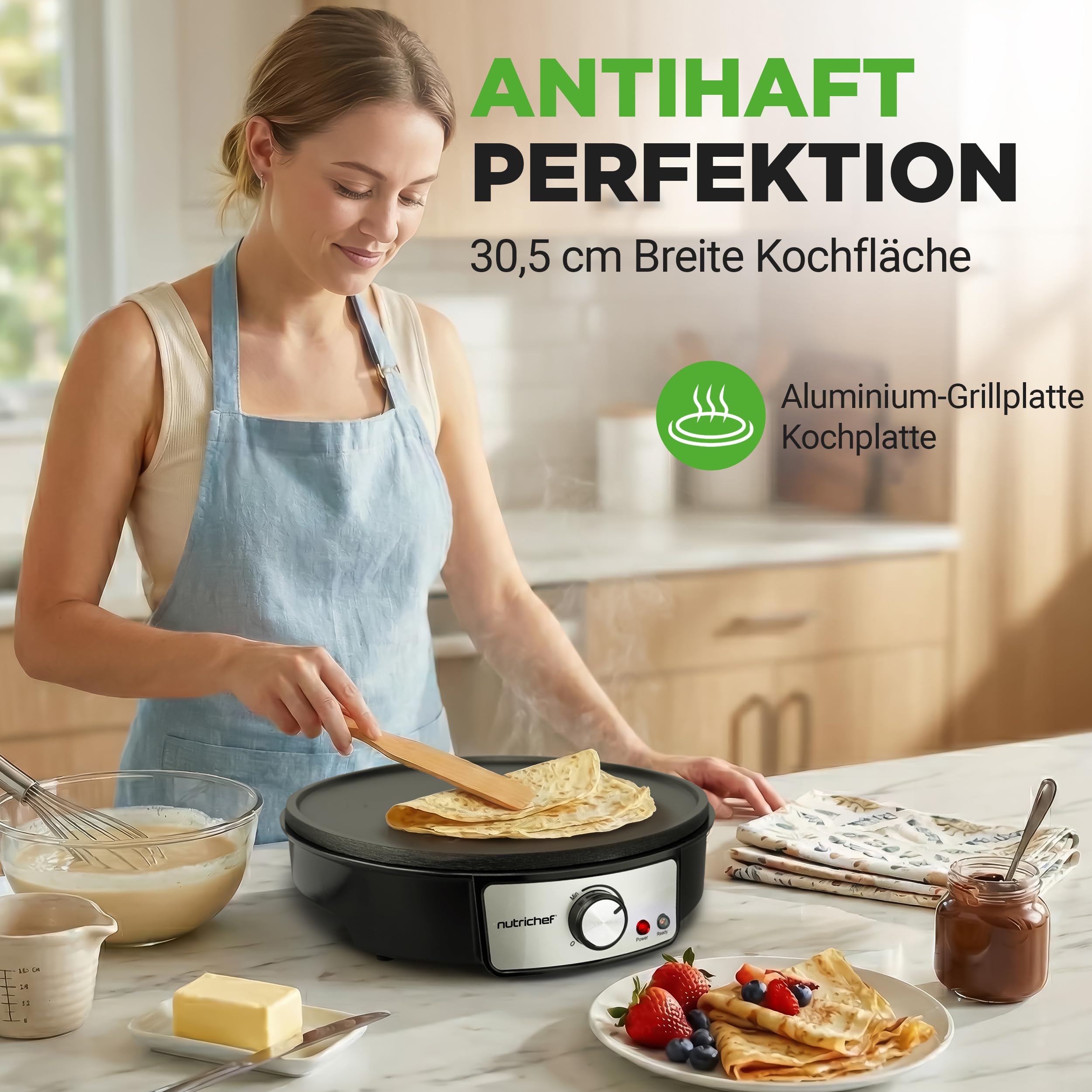 NutriChef Crepe Maker 30 cm elektrisch – Antihaft Platte mit Temperaturregelung, Teigverteiler und Spatel, Schwarz