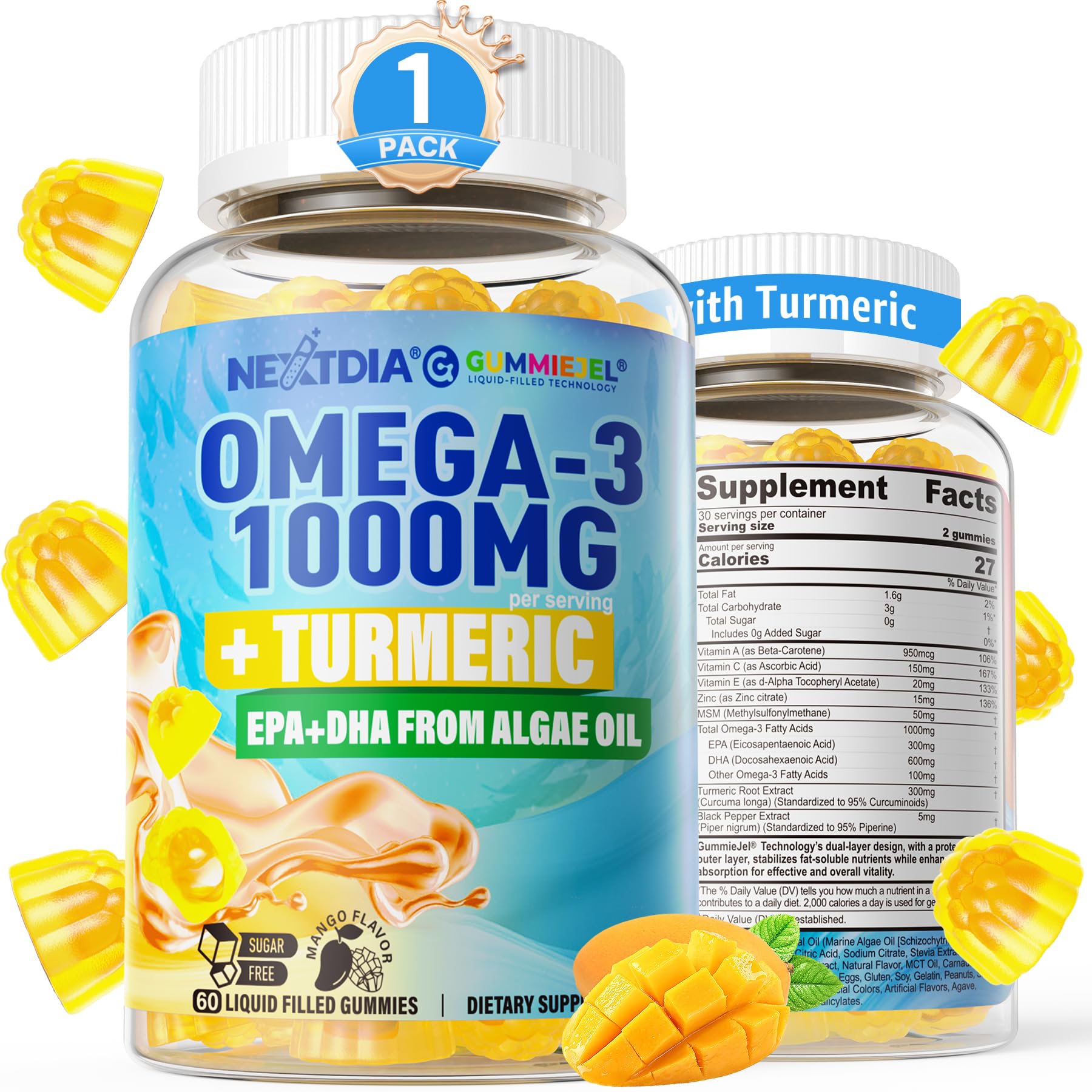Vegan Omega-3 Gummies 1000mg + Turmeric - Omega 3 Fish Oil Alternative for Adults - Algae DHA 600mg & EPA 300mg, Vitamins A, C, E, Zinc & MSM, Sugar Free, 60 Cts