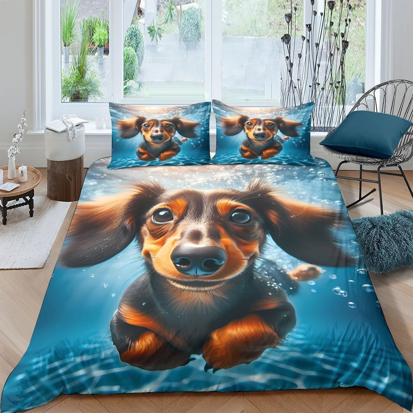 TUFRTGYHN 3D Printed Swimming Dachshund Duvet Cover Microfiber Soft Breathable Underwater Dog Bedding Set with 2 Pillowcases for Bedroom Decor, 200x200cm Single（135x200cm）