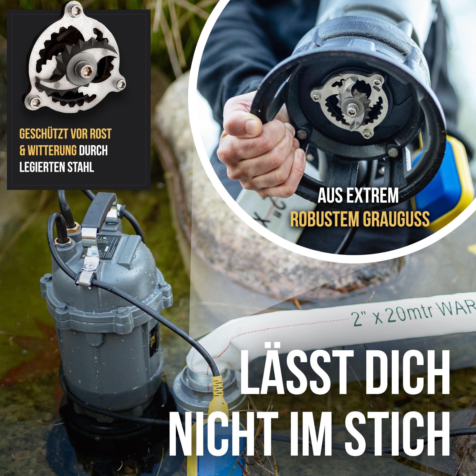 WARRIOR® Schlammpumpe [TESTSIEGER] mit HydroVortex X7 Schneidwerk, Fäkalienpumpe 1500W + 20M - 2"Gewebeschlauch, inkl. Tragetasche, Schmutzwasserpumpe mit Schlauch und Häcksler