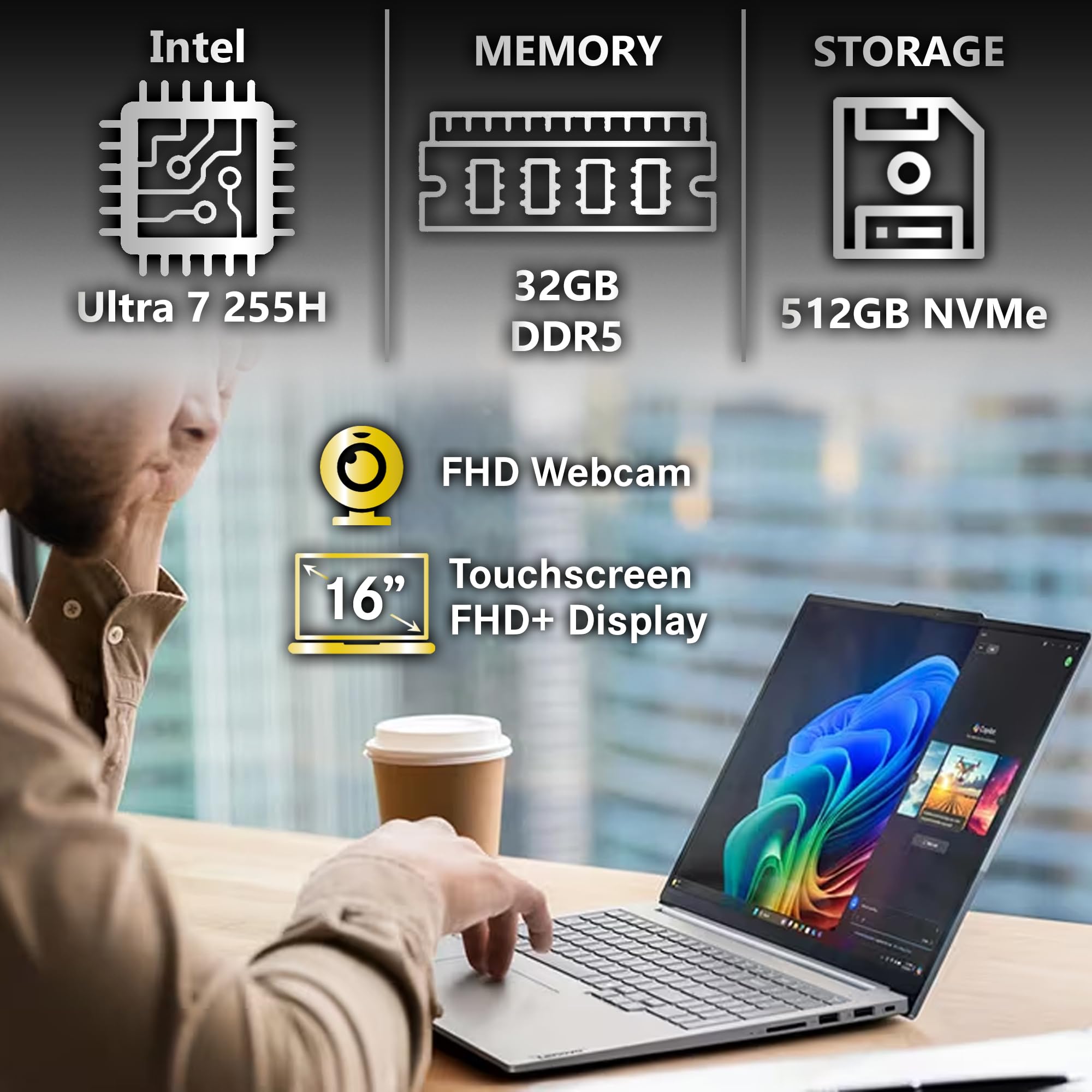 Lenovo ThinkBook 16 Gen 8 AI Business Laptop, Touchscreen da 16 pollici FHD+, Intel Ultra 7 255H, 32 GB DDR5, 512 GB NVMe, WiFi 6E + BT, HDMI, lettore di impronte digitali, tastiera retroilluminata