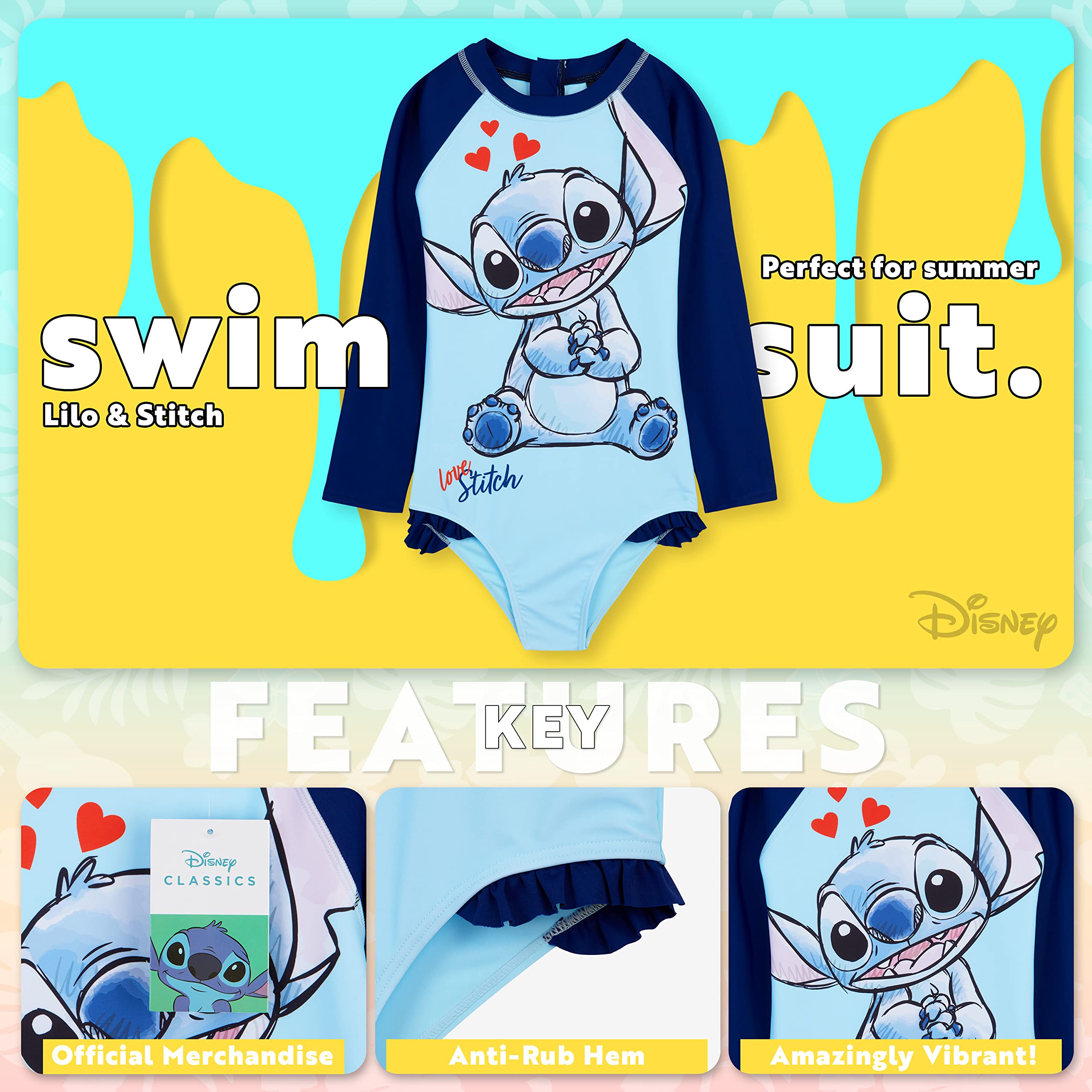 Disney Stitch Kostium Kąpielowy dla Dziewcząt Letnie Wakacje Krótki Długi Rękaw Nastolatki Stroje Kąpielowe dla Dzieci 2-14 Lat The Little Mermaid Frozen Pełny Strój Plażowy