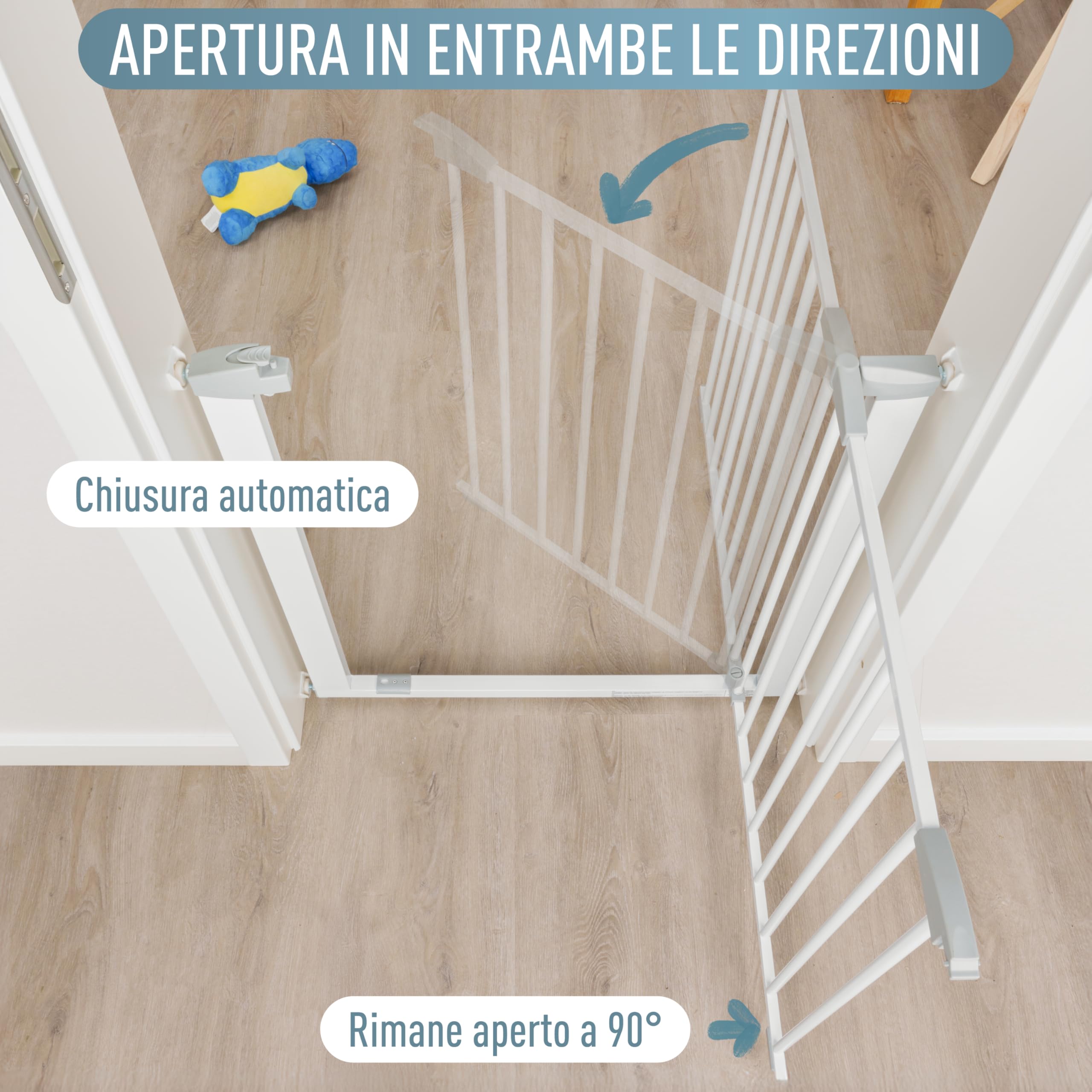 IB STYLE Cancelletto per Bambini Yael 73,5-81,5 cm – Sicurezza senza fori, montaggio a pressione, metallo robusto, apertura una mano, stop 90°, protezione casa bambini e cani, bianco