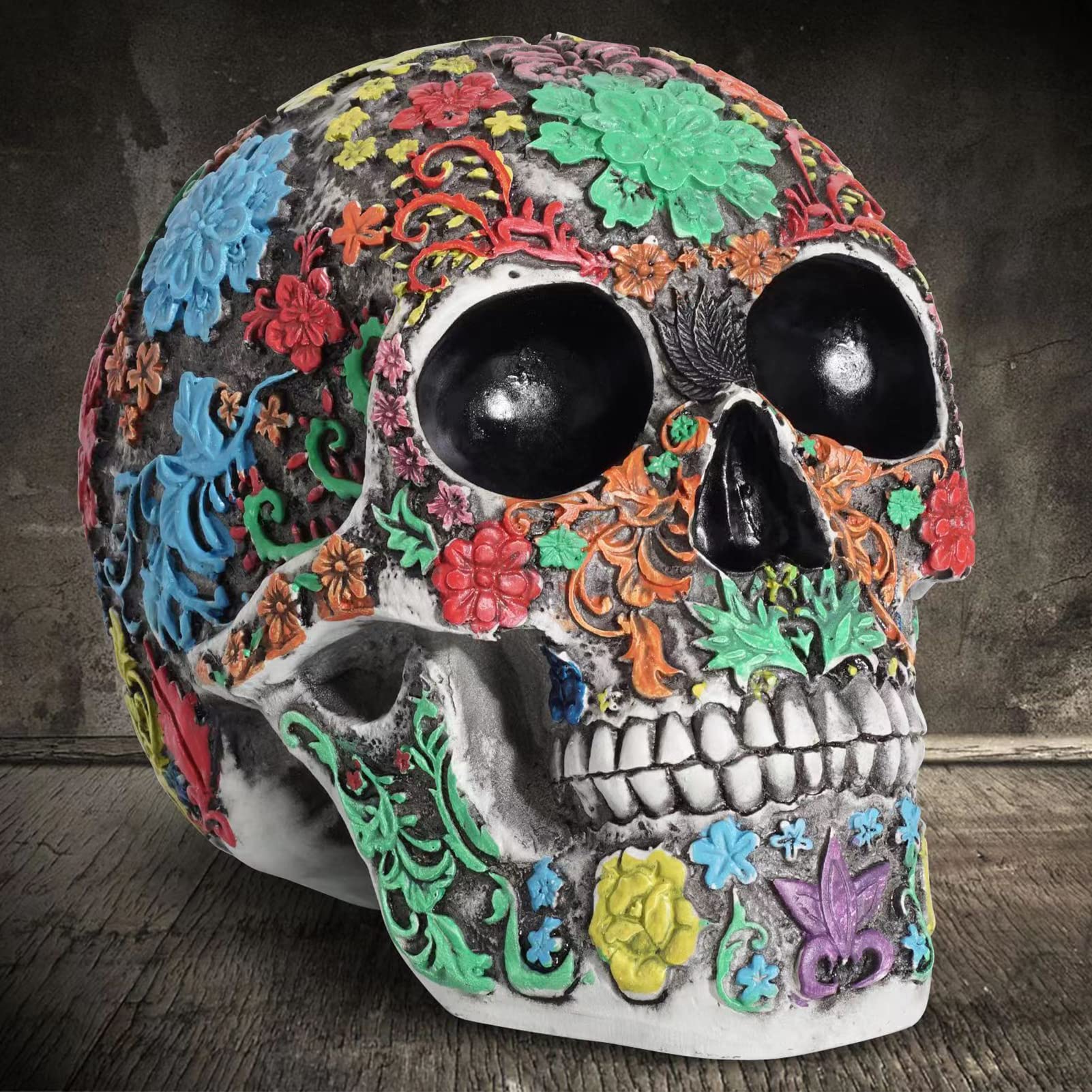 Tuzsocr Skull Figurine Resin,Ornate Flower Skull Face,Skull Head Bone Model,Horror Skull Figurine,Desk Skull Ornament,Halloween Party Decoration Mexican Day of the Dead Props Skeleton Décor (Style 1) - Image 4