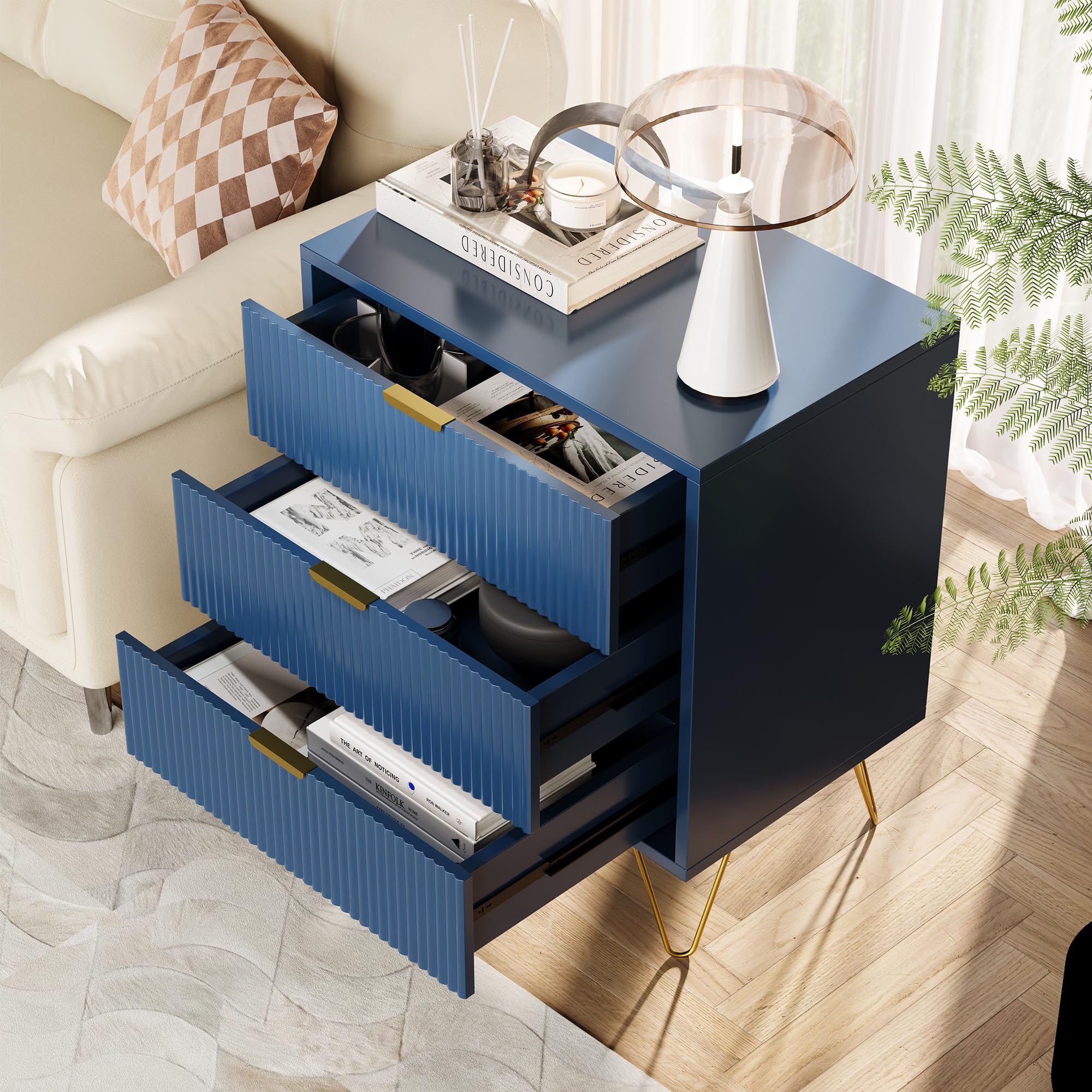 Comodino Moderno, Comò con 3 Cassetti, Tavolino da Salotto, Cassettiera per Camera da Letto, Soggiorno, Gambe in Metallo, Blu Scuro, 60 x 40 x 70 cm