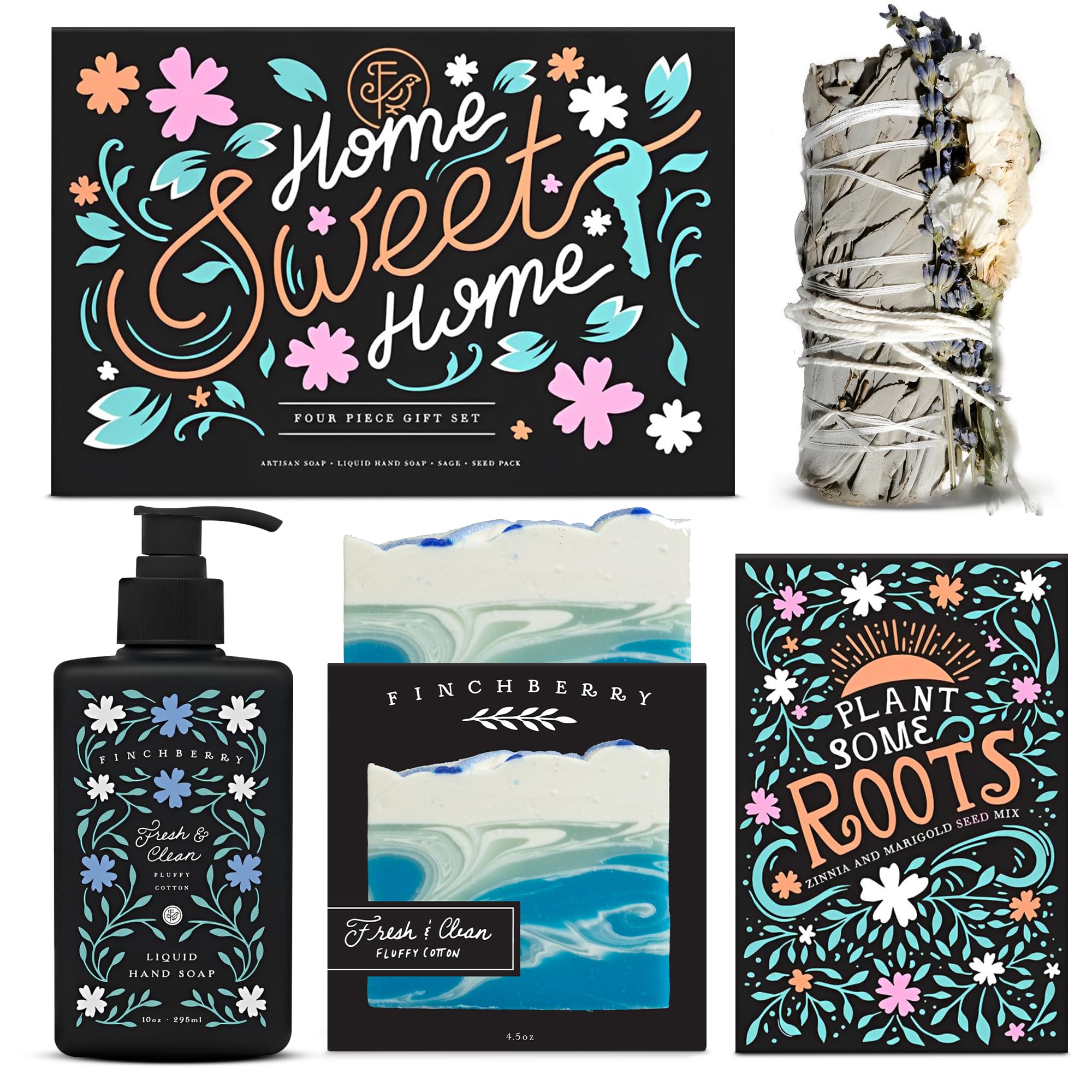 FinchBerry Home Sweet Home Gift Set – Perfect Housewarming Present – Includes Boxed Soap, Liquid Hand Soap, Sage Stick, and Plant Some Roots Seed