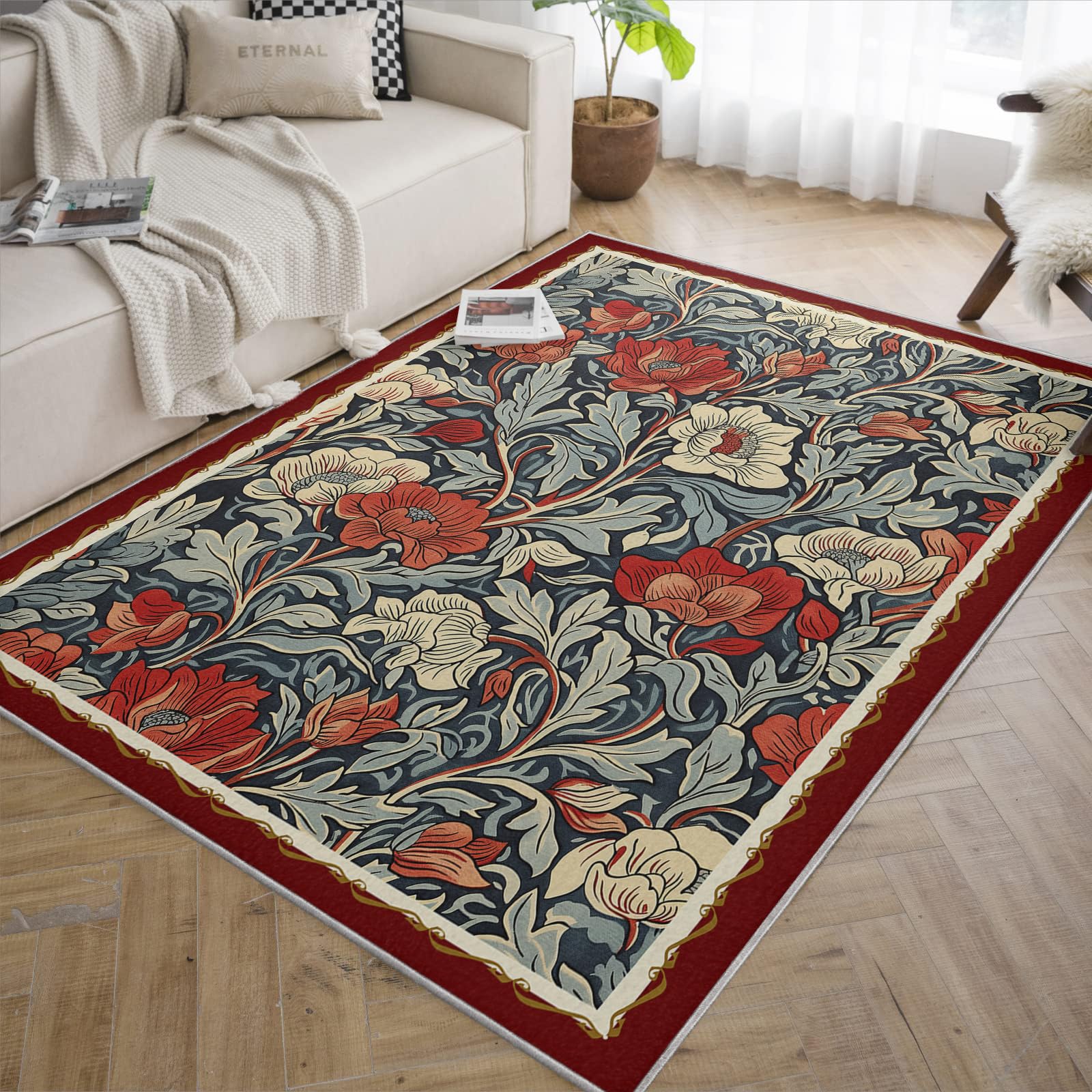 Tapis floraux lavables pour salon rouge boho dans une salle à manger