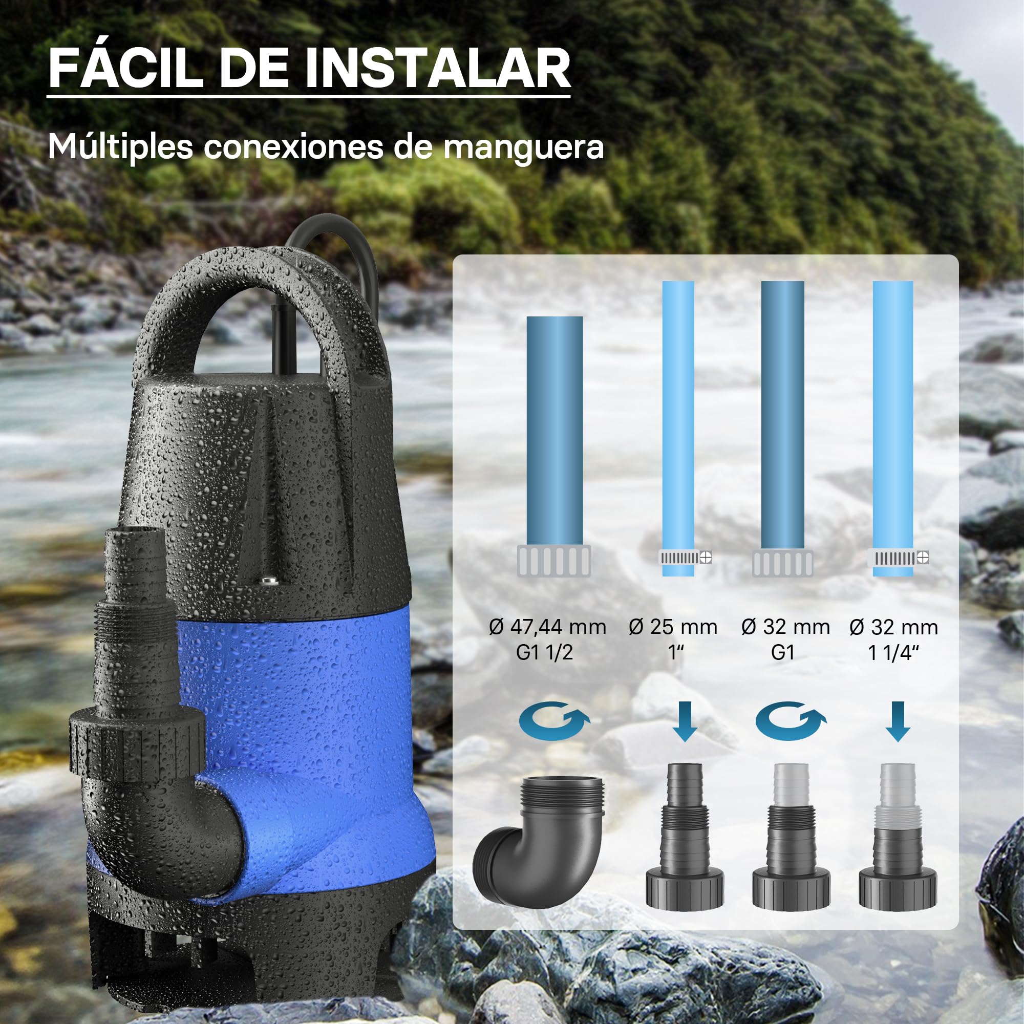 WilTec Bomba sumergible de Plástico para aguas sucias 400W 7500 litros/h Jardín Pozos Drenaje Bombeo agua Extracción agua