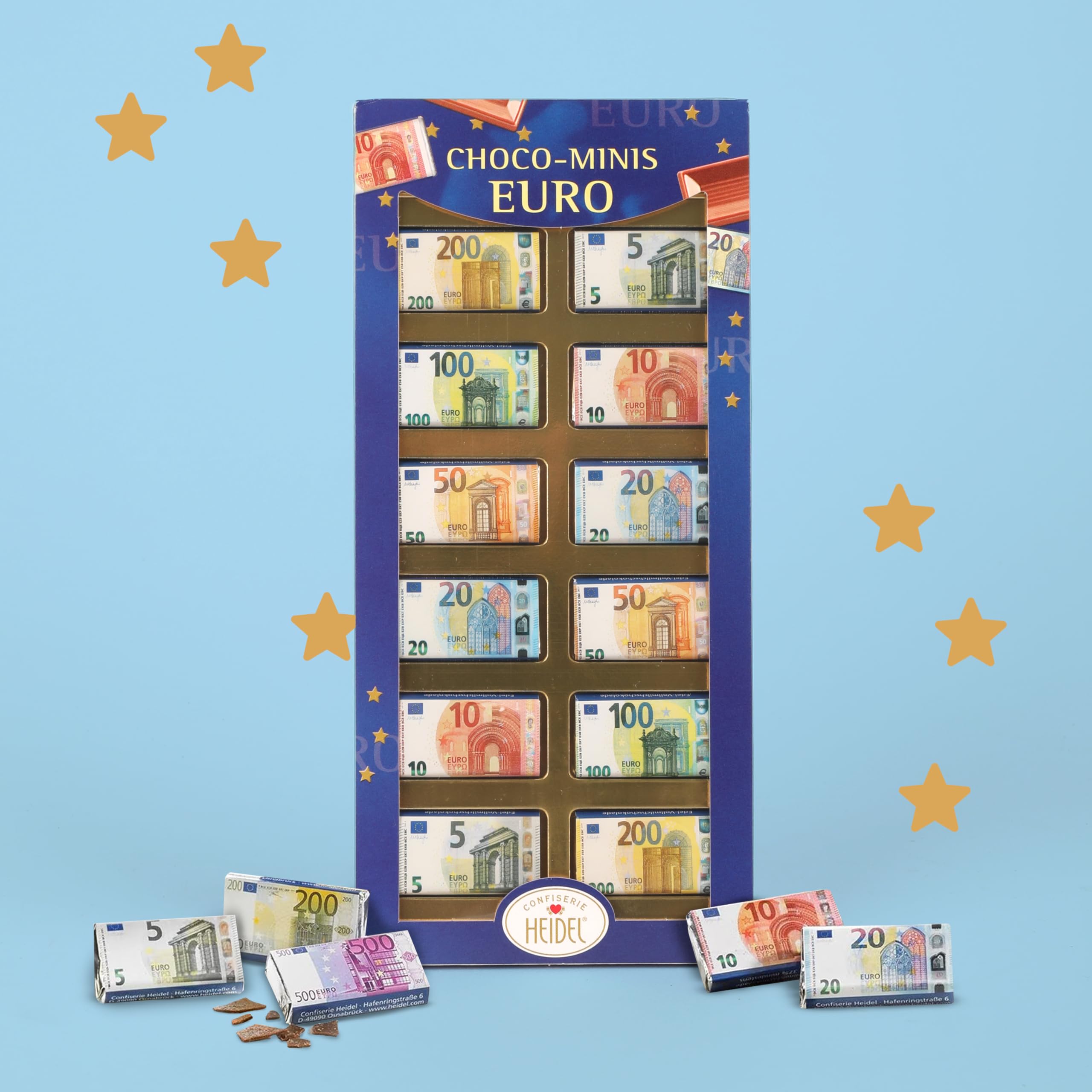 Minis Chocolat Euro en Chocolat HEIDEL Conffiserie - Coffret présent original 36 g chocolat-au-lait - Pour cadeaux en argent - Chocolats a offrir a occasions spéciales - 5 à 200 en billets d'euros