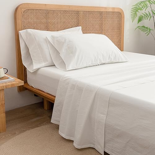 Miniatura 7 de BESTOUCH Juego de sábanas 100% algodón lavado, tacto súper suave, cómodo, elegante, ligero, juego de ropa de cama de 4 piezas, color blanco hueso,