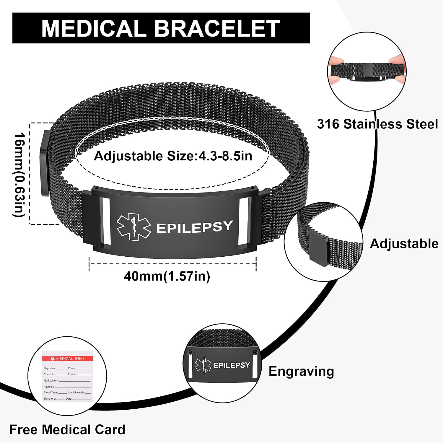 Medical Alert Bracelet for Women Men, Medical Alert ID Adjustable Wristband for Diabetic D.N.R Pacemaker Epilepsy