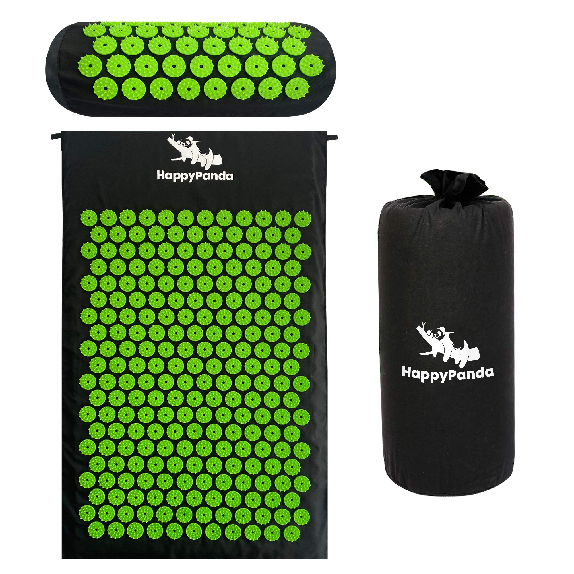 HAPPY PANDA - Acupressure Set, Acupuncture mat and Pillow Cushion, Relieve Back, Shoulders, and Neck Pain, Relaxation Therapy for Stress and Sleep with Carry Bag (Black)