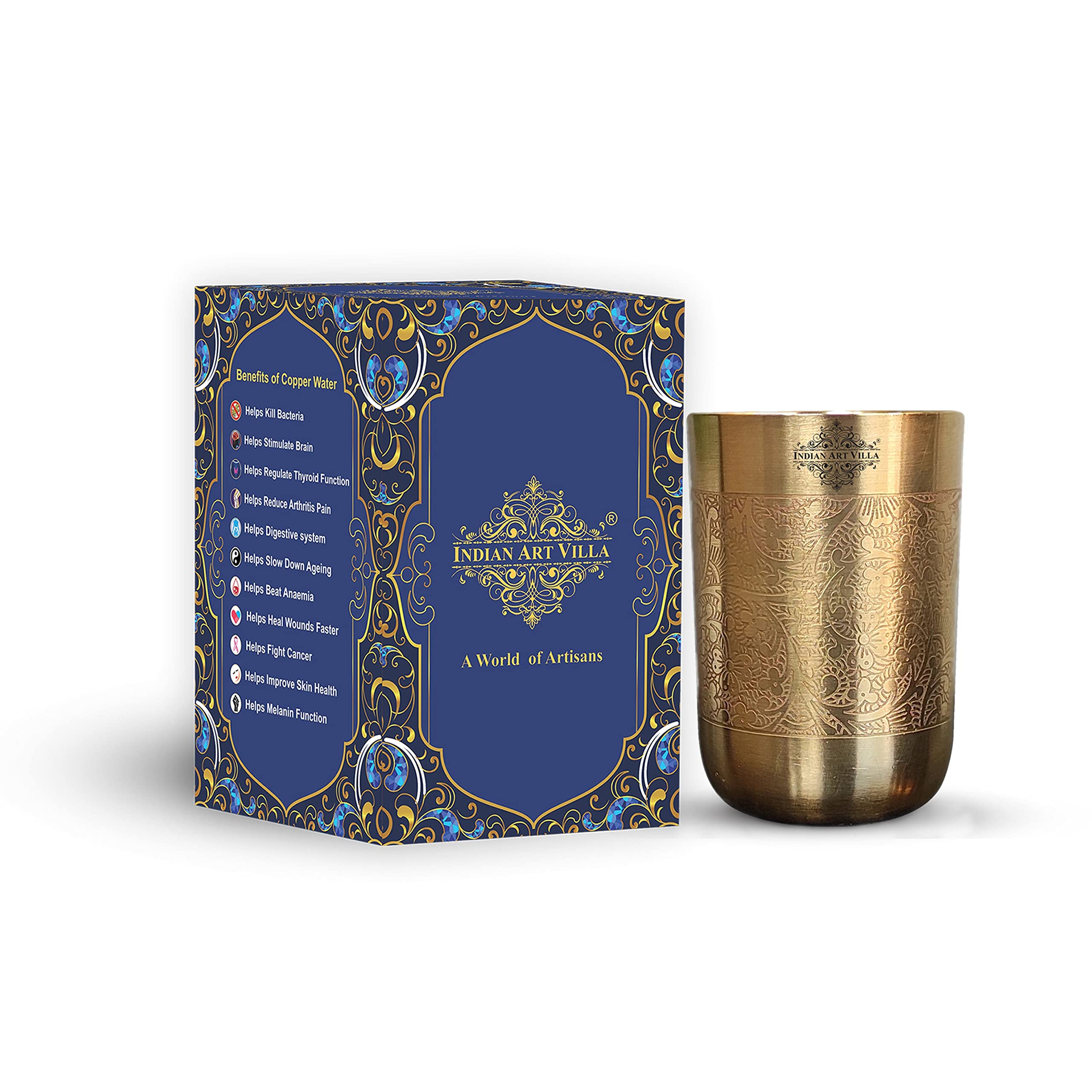 Indian Art Villa Pure Brass Glass Tumbler With Matt Finish Embossed Design, Serveware & Drinkware, Volume- 10 Oz