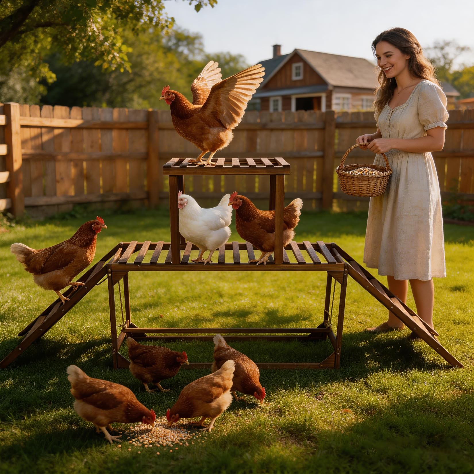 BingoPaw Percha de Madera para Gallinas con Escalera y Columpio, Perchero de Carbonizado para 8-10 Gallinas, Área de Pie Amplia, Resistente a la Corrosión, 200x30x89cm
