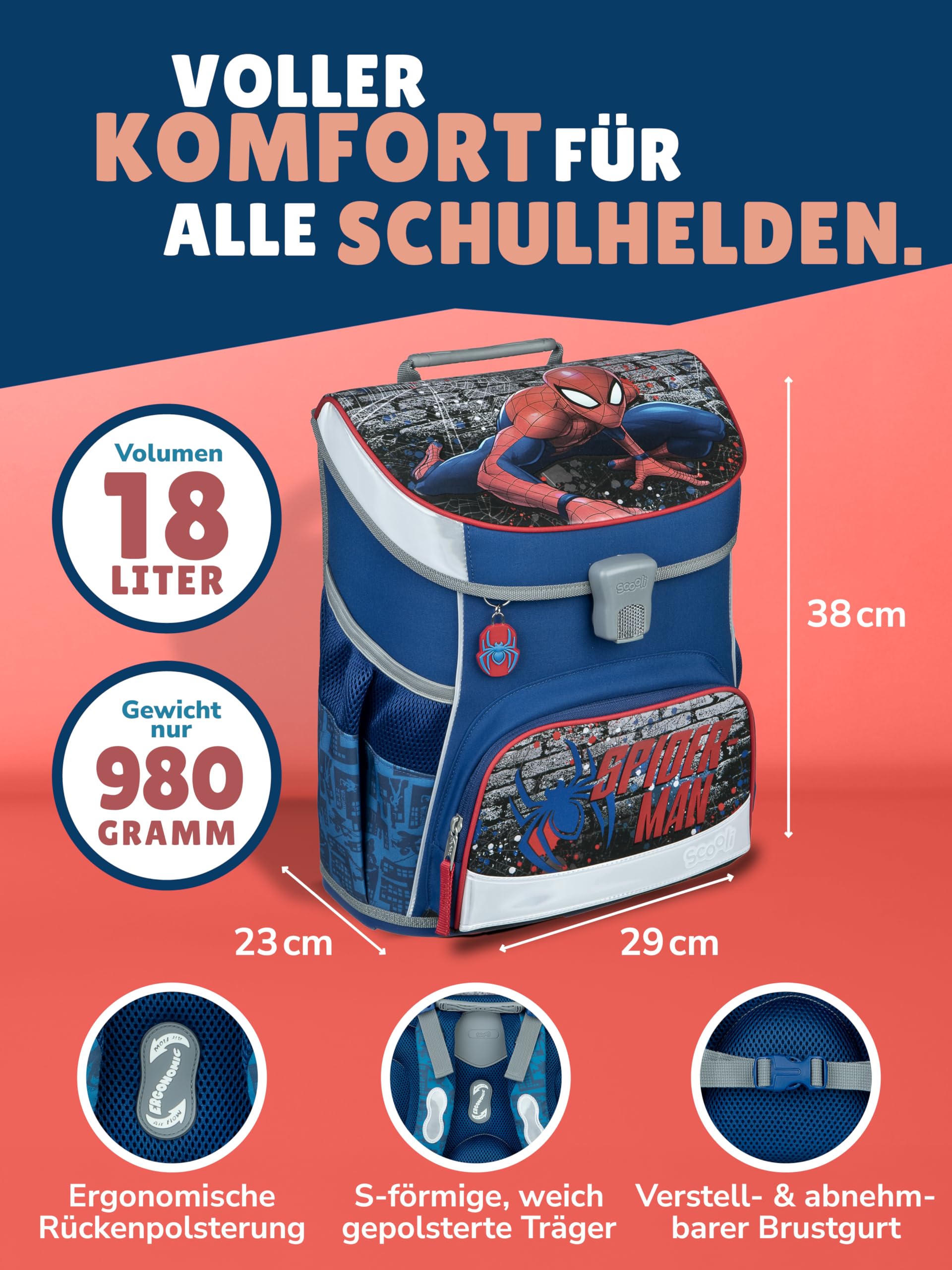 Familando - Scooli Campus Fit Schulranzen Set mit Spiderman - 9-teilig mit Sporttasche - Ergonomisch, Stabil & 980g leicht - 18L Volumen - Brustgurt & Reflektoren - ab 1. Klasse