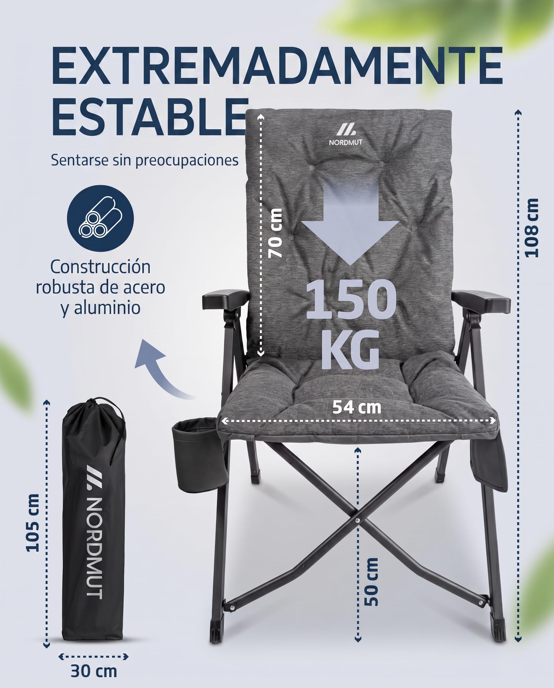 NORDMUT® Silla de Camping Premium Plegable con Respaldo Alto – Ajustable en 4 Posiciones – Cómoda Silla de jardín con Capacidad de 140 kg para Camping y Outdoor (Gris Ceniza 1x)