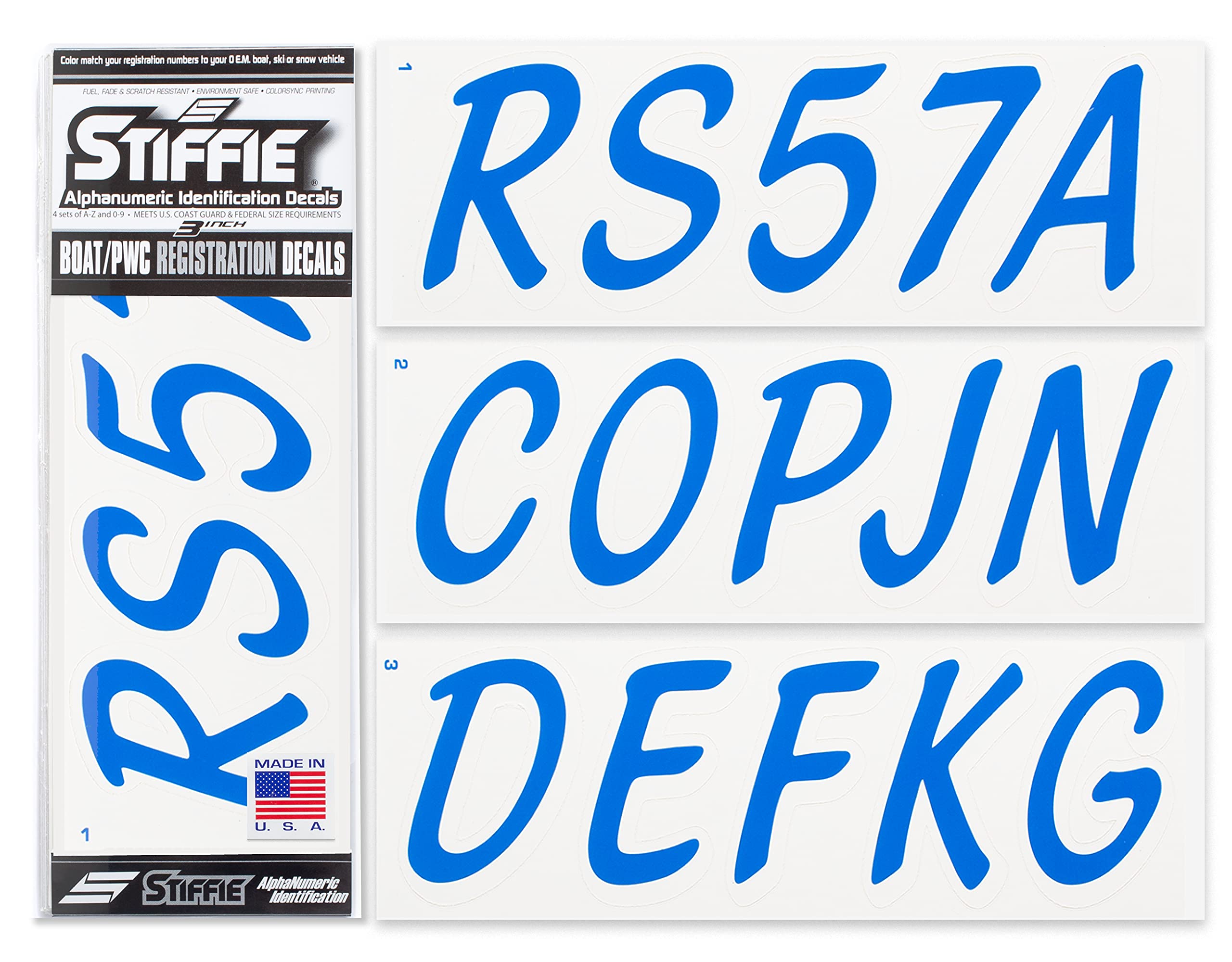 STIFFIE Whipline Solid Blue/White 3" Alpha-Numeric Registration Identification Numbers Stickers Decals for Boats & Personal Watercraft