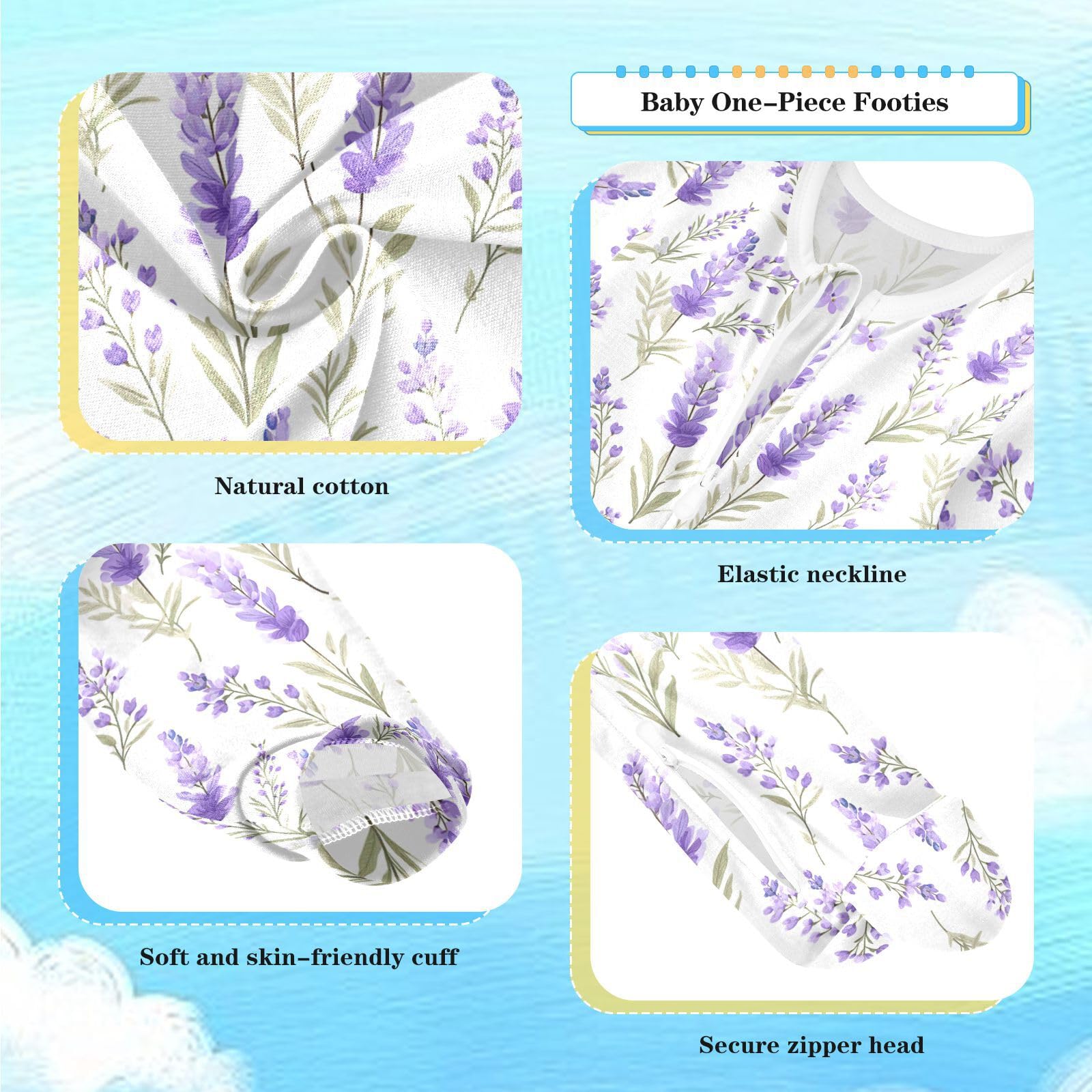 Dussdil Lavender Leaves Baby One-Piece Footies Newborn Rompers Pajamas Cotton Footed Pjs for Sleep Play Boys Girls 9 Month