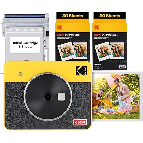 KODAK Mini Shot 3 Retro 4PASS 2-in-1 Instant Digital Camera and Photo Printer (3x3 inches) Initial 8 Sheets + 60 Sheets Cartridge Bundle, Yellow (NOT Zink)