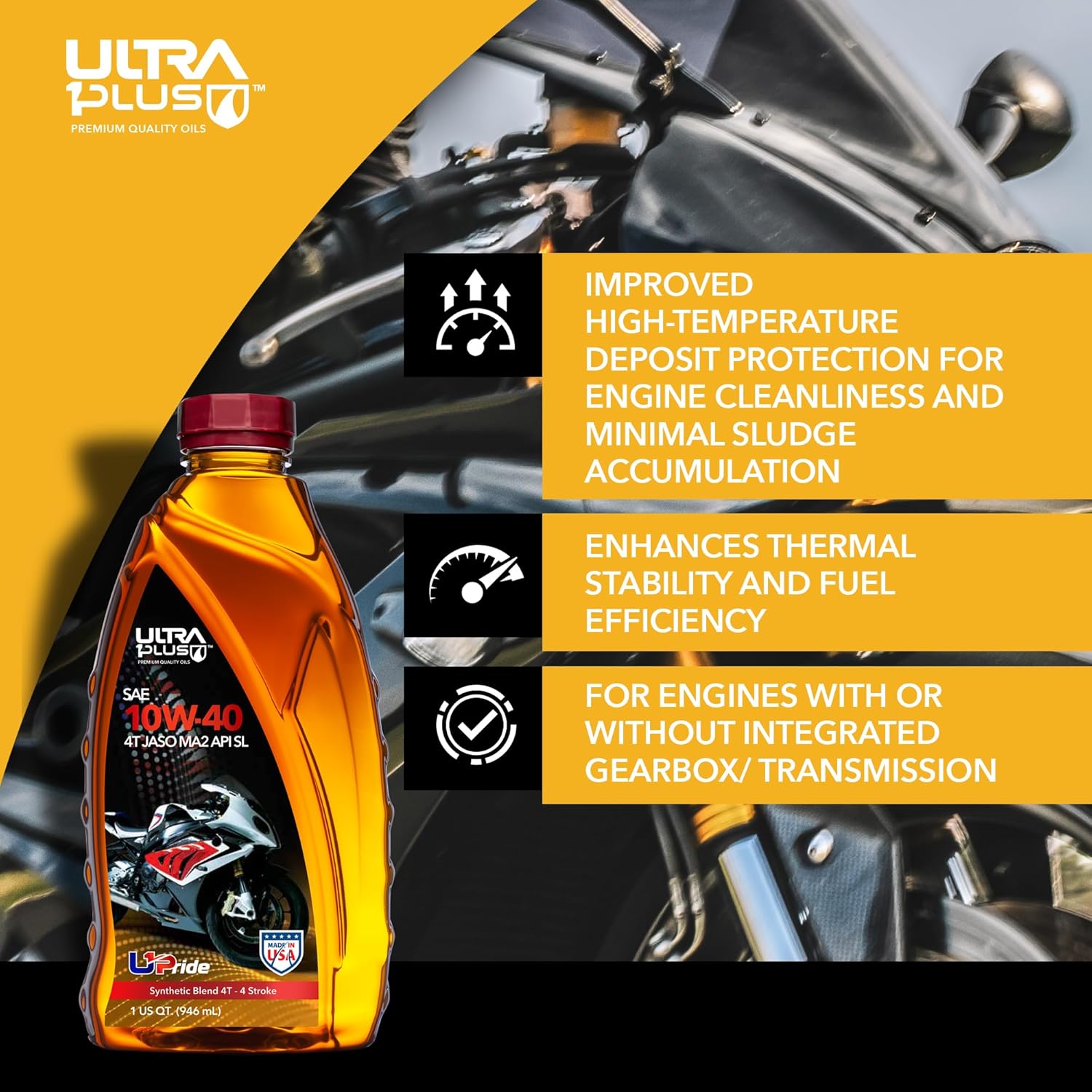 ULTRA 1PLUS 4T 10W-40 Motorcycle Oil Synthetic Blend API SL JASO MA2-10W40 Motor Oil, 1 Gallon