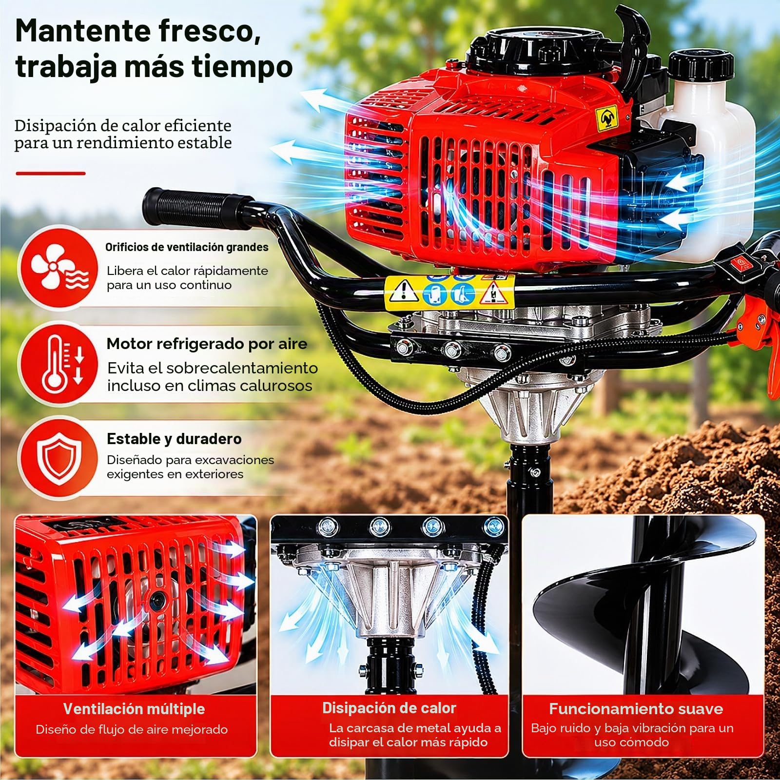 Ahoyadora Gasolina 3CV 63CC Ahoyadora Manual 2 Tiempos Motor Actualización Ahoyador con 200mm Broca, Gafas De Protección 2,2KW Barrena para Tierra Compactadora De Tierra para Granja