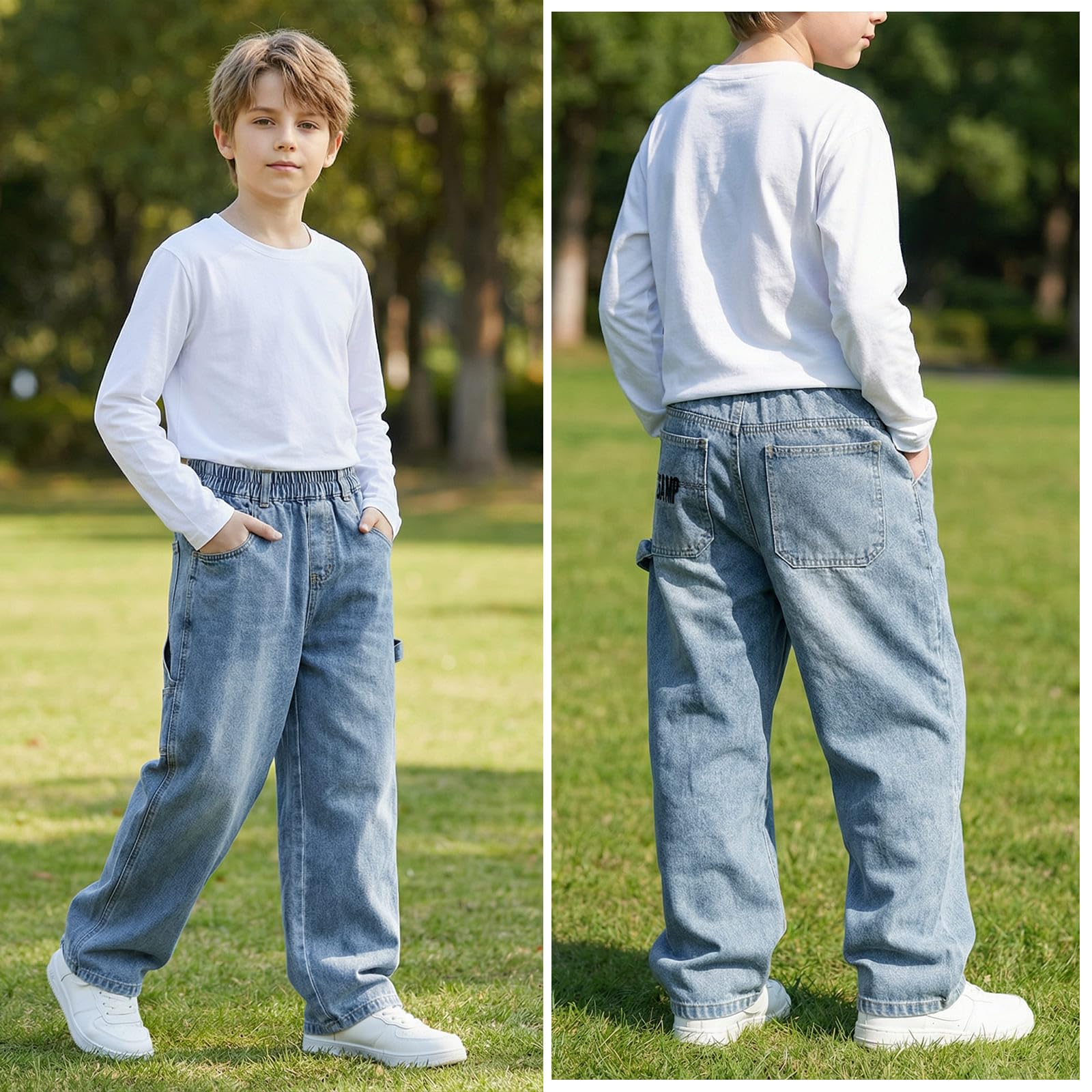 Vaqueros Baggy Jeans para Niños, Holgados Denim Pantalones con Cintura Elástica y Multi-Bolsillos Niño Largos Stretch Denim Jeans Vintage Streetwear Pants para 7-15 Años