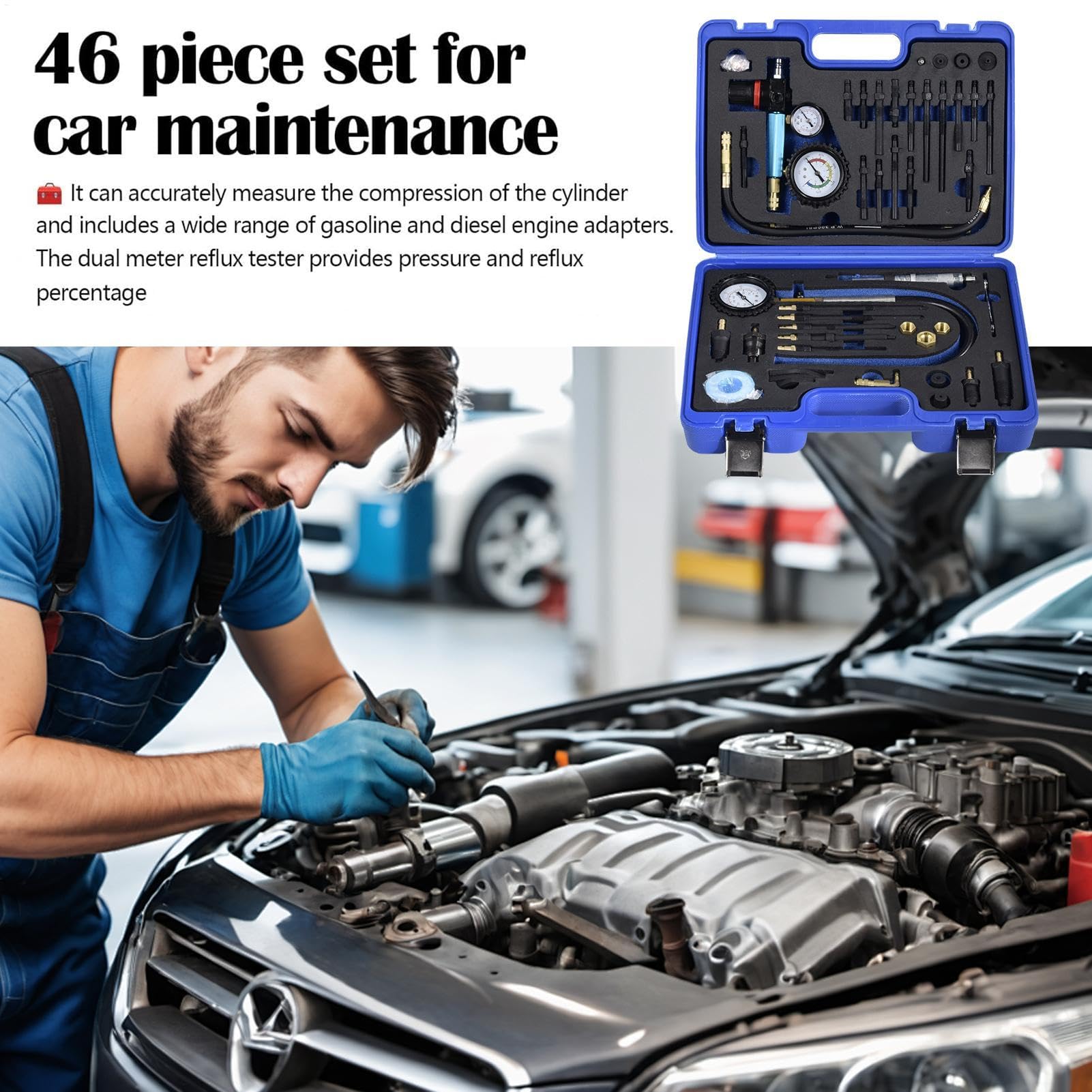 Juego De Comprobador De Compresión De Motor Comprobador De Compresión Para | Juego de 46 Piezas con Manómetro Doble, Probador de Bujías y Estuche para Motor