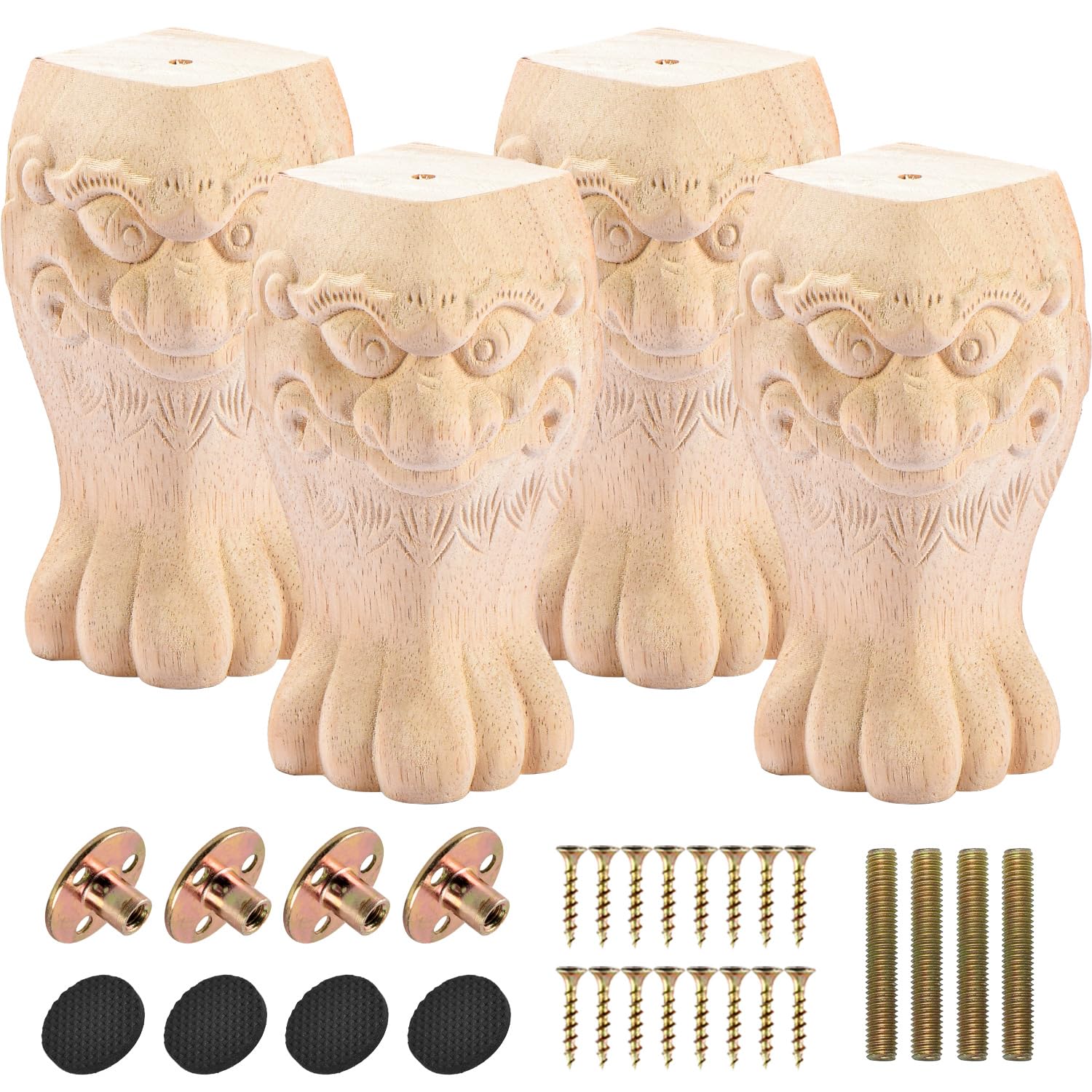 Btowin VCF 4 Inch / 10cm Wooden Furniture Legs, 4PCS Solid Wood Carved Geometry Sofa Legs Unfinished DIY Replacement Bun Feet with Mounting Plate & Screws for Sofa Cabinet Couch Table TV Stand