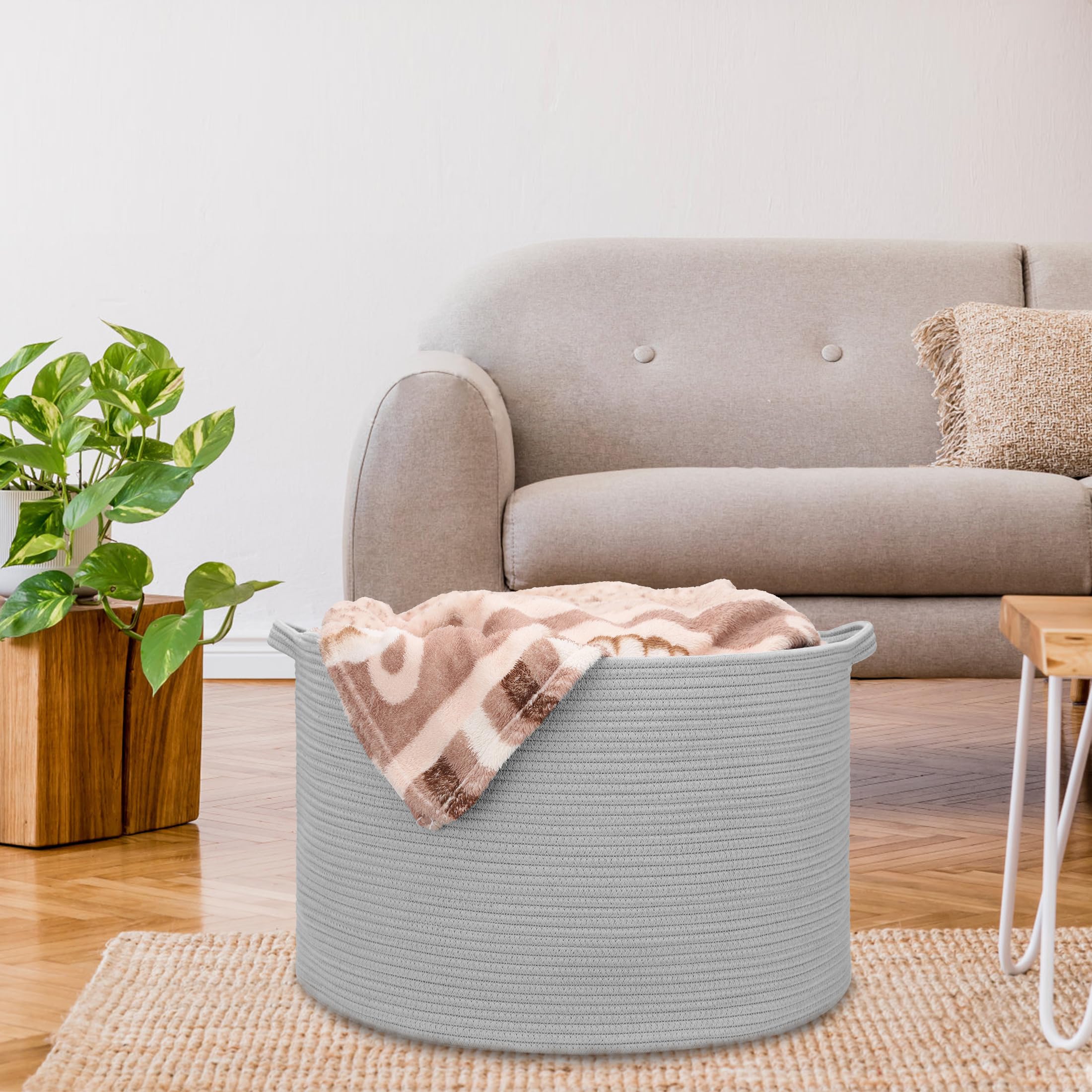 Cesto extra large per coperte, 87 l, cesto portabiancheria, cesto portabiancheria grande, cesto portaoggetti in corda di cotone, cesto portabiancheria, 55,9 x 35,6 cm, grigio chiaro