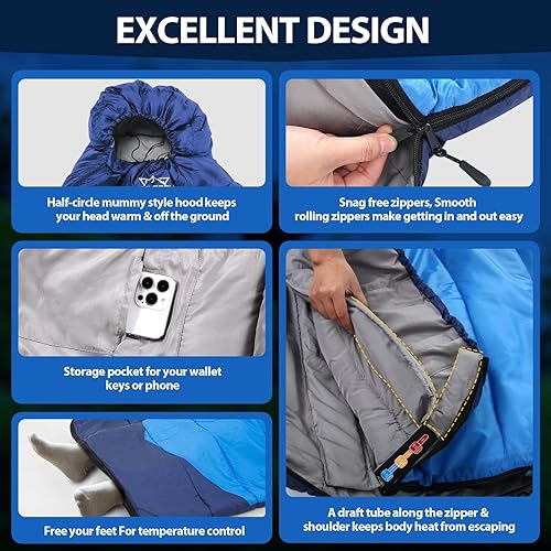 Miniatura 6 de Saco de dormir para adultos y niños, clima frío y cálido, para mochileros, camping, 0 grados, saco de dormir de invierno para niñas y niños, grandes
