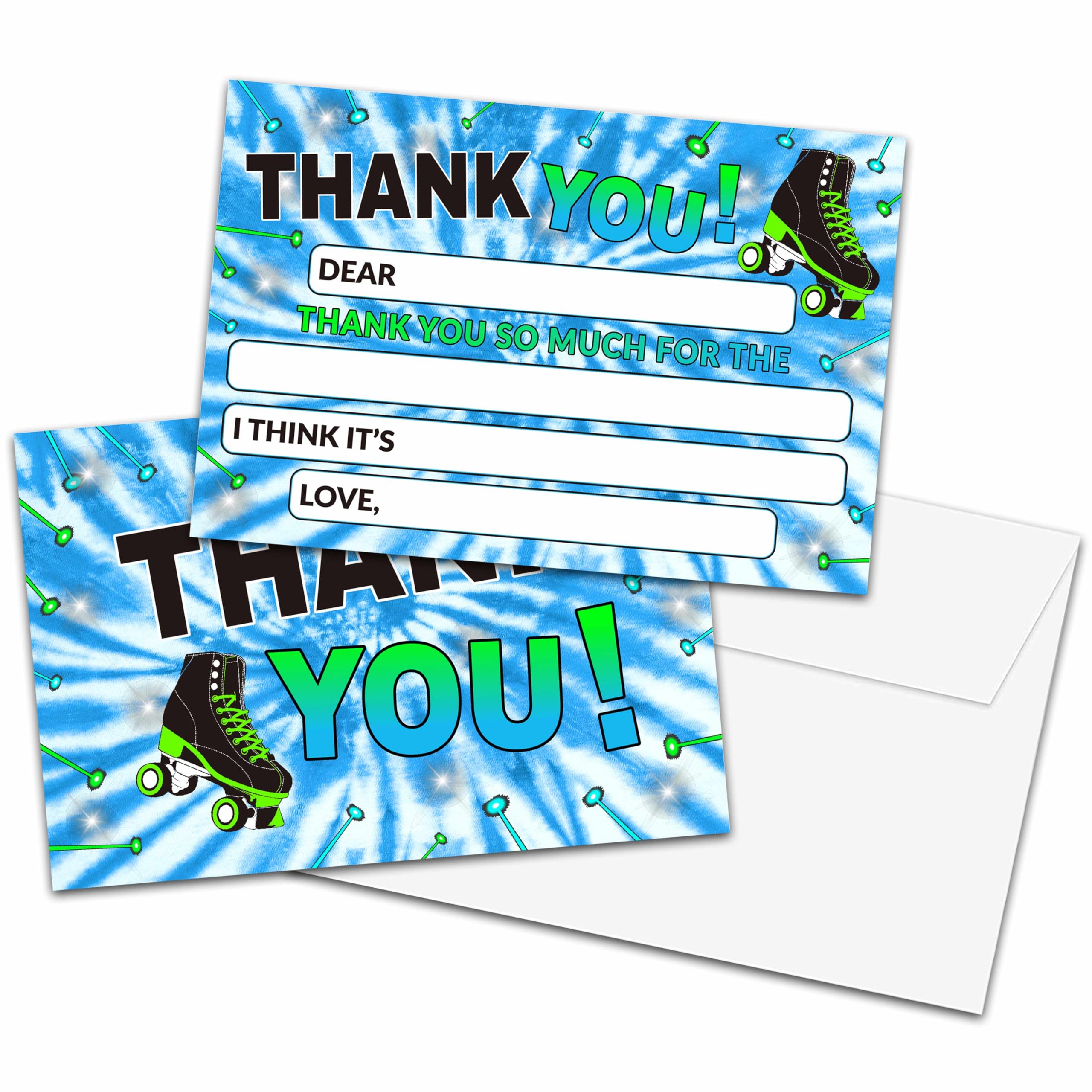 Kids Thank You Cards Fill in the Blank, Tie Dye Thank You Cards, Roller Skating Greeting Cards, Tie Dye Roller Skate Thank You Notes, Birthday Party