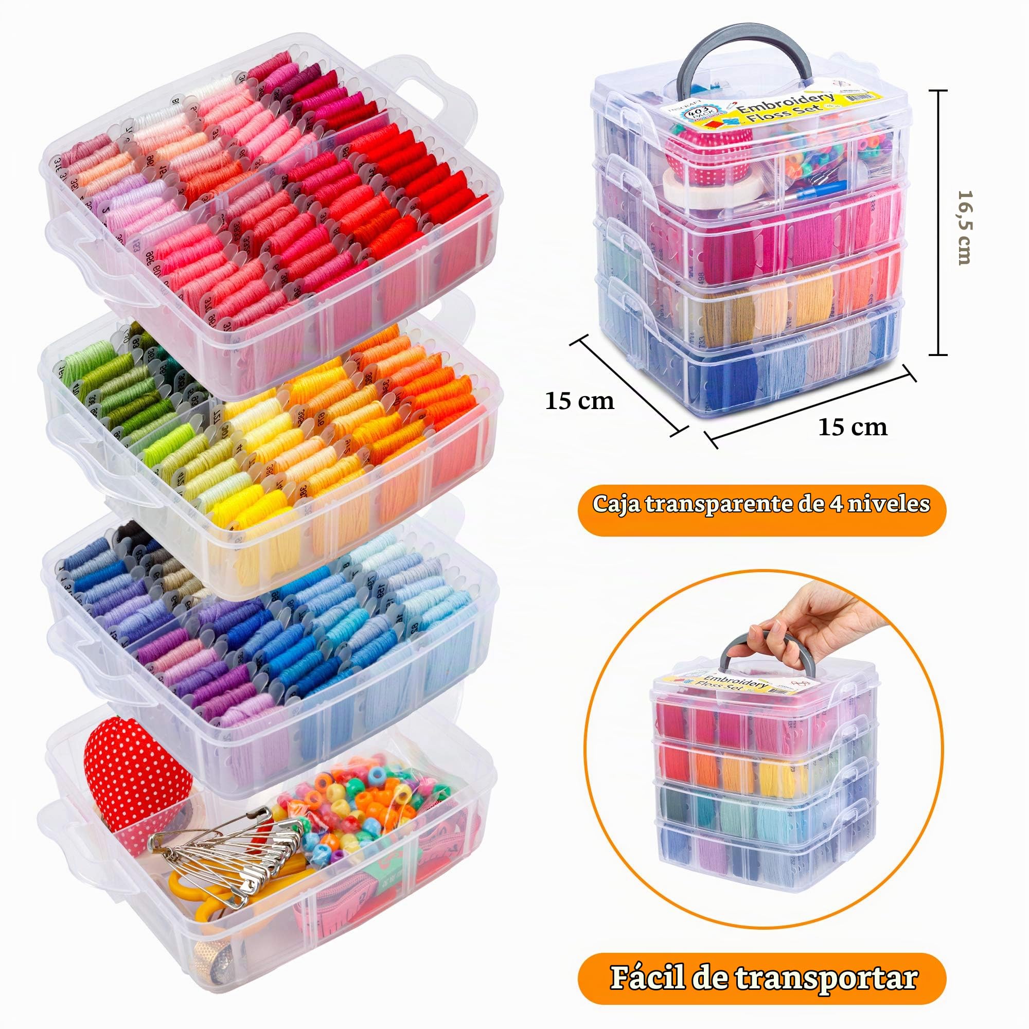 Inscraft - Kit de hilos de bordar, 403 artículos, 250 colores, hilo de punto de cruz y pulseras de la amistad con 153 herramientas de punto de cruz, caja transparente de 4 niveles para almacenamiento