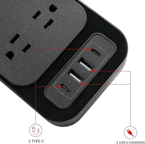 Miniatura 7 de Regleta de alimentación de 10 pies con cable de extensión de puertos USB, 12 salidas y 2 puertos USB y 2 puertos USB-C (5V 3.1A), cable de extensión