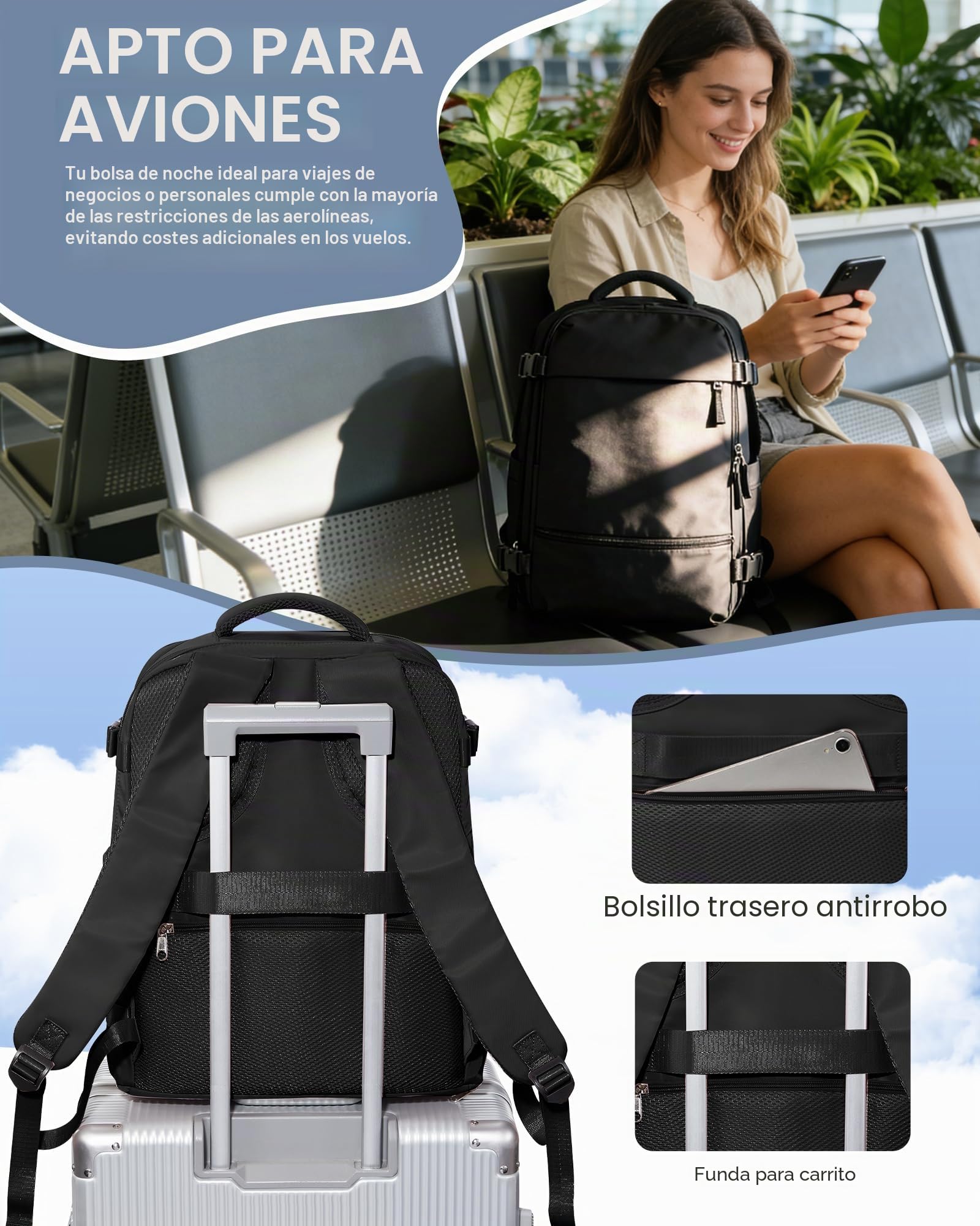 Mochila Viaje Cabina Avion 40x30x20 para Ryanair Mochilas de Vacío con Bomba Bolsa de Cabina Easyjet Equipaje de Mano para Mujer Mochila de Senderismo Mochila Impermeable Cabina Mochila,B01-Negro
