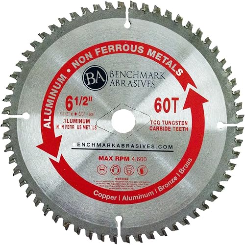Benchmark Abrasives 6 1/2" TCT Circular Saw Blade, 60 Teeth | Tungsten Carbide Tipped, Cuts Aluminum, Brass, Copper, PVC, Fiberglass & Non-Metals, Low RPM Dry Cut Compatible