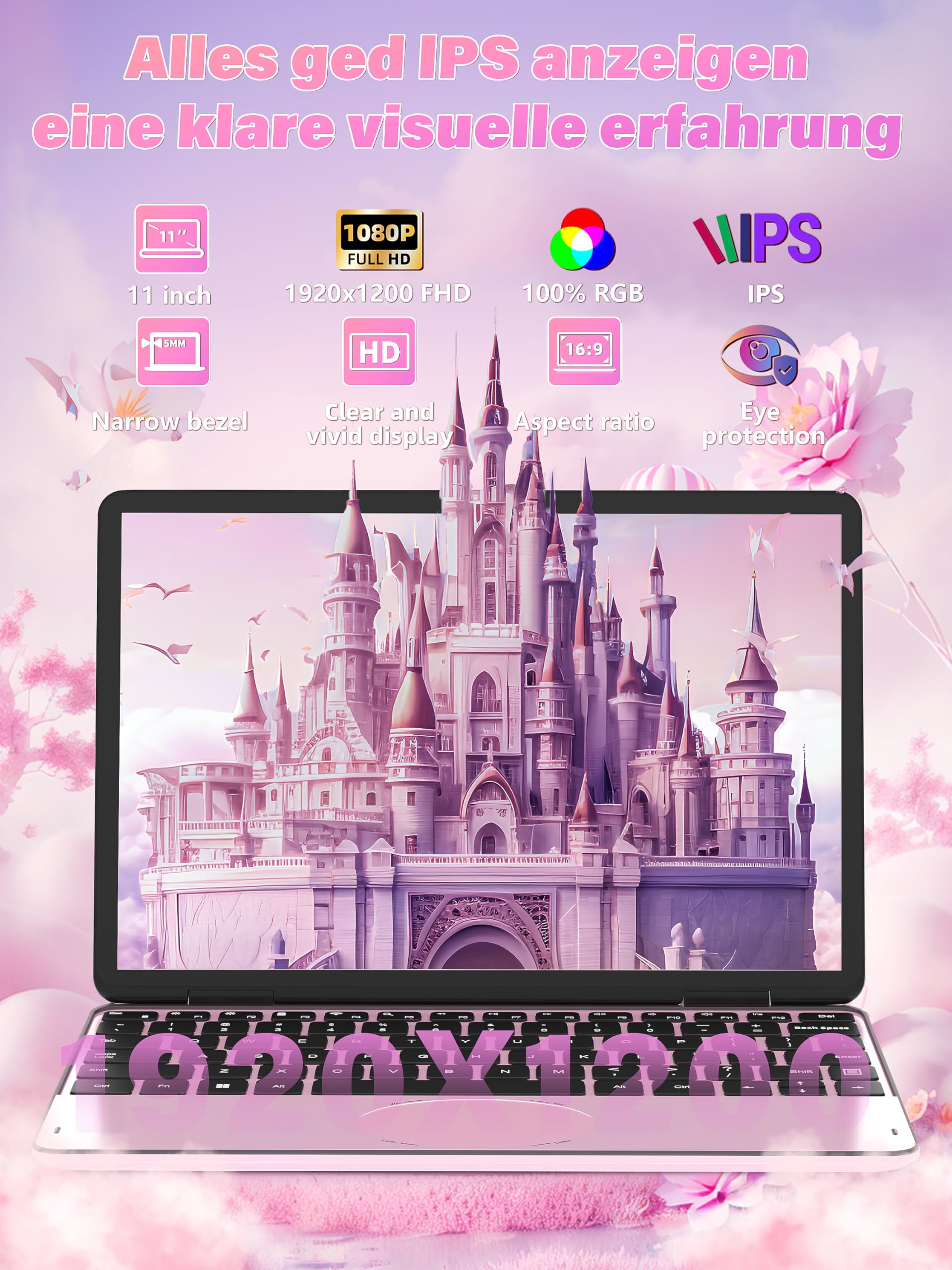 2026 11 Zoll 2in1 Laptop mit 360° Touchscreen, N100 Quad-Core CPU [beat N95 / N5095], 16GB DDR4 RAM, 1TB SSD, FHD IPS Display, Backlit Tastatur, leicht & mobil Notebook PC, Roségold
