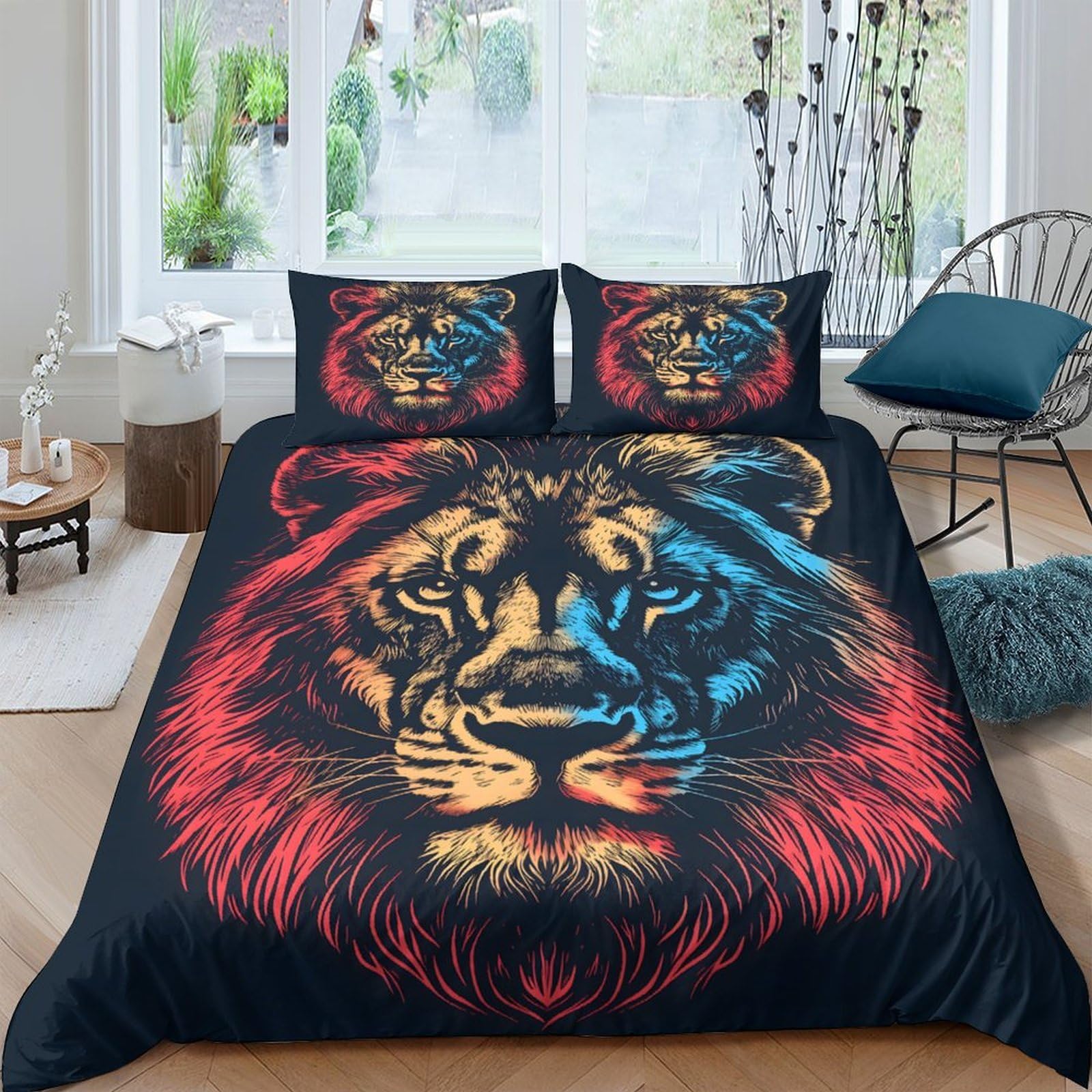 Ctjqhvkz Style-5 3D Printed Lion Head Fitted Sheet Microfiber Soft Breathable Flame Mane Mattress Cover For Bedroom Dorm Decor Single（135X200cm）