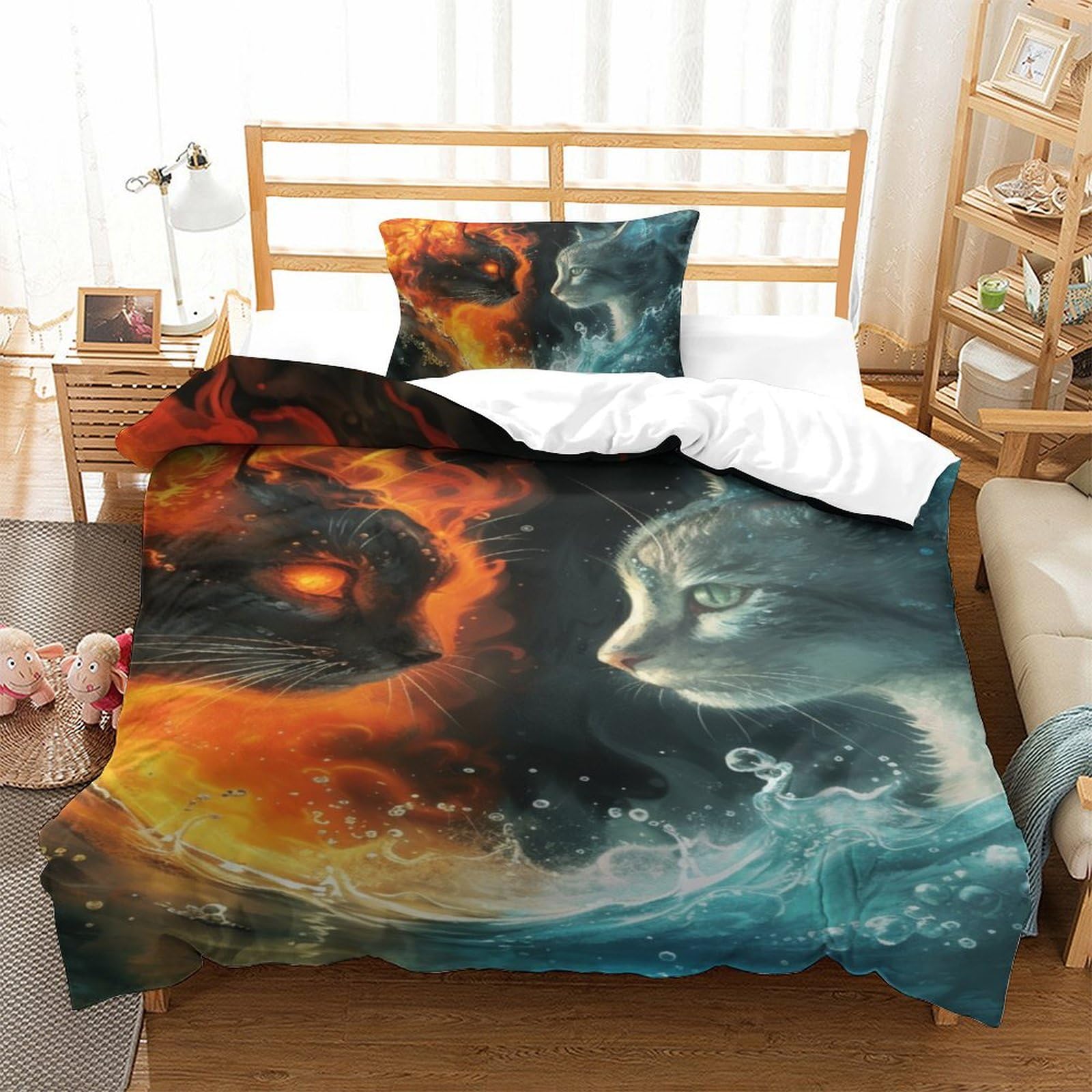 Housse de couette chat flamme 3D 135x200cm avec 2 taies d'oreiller