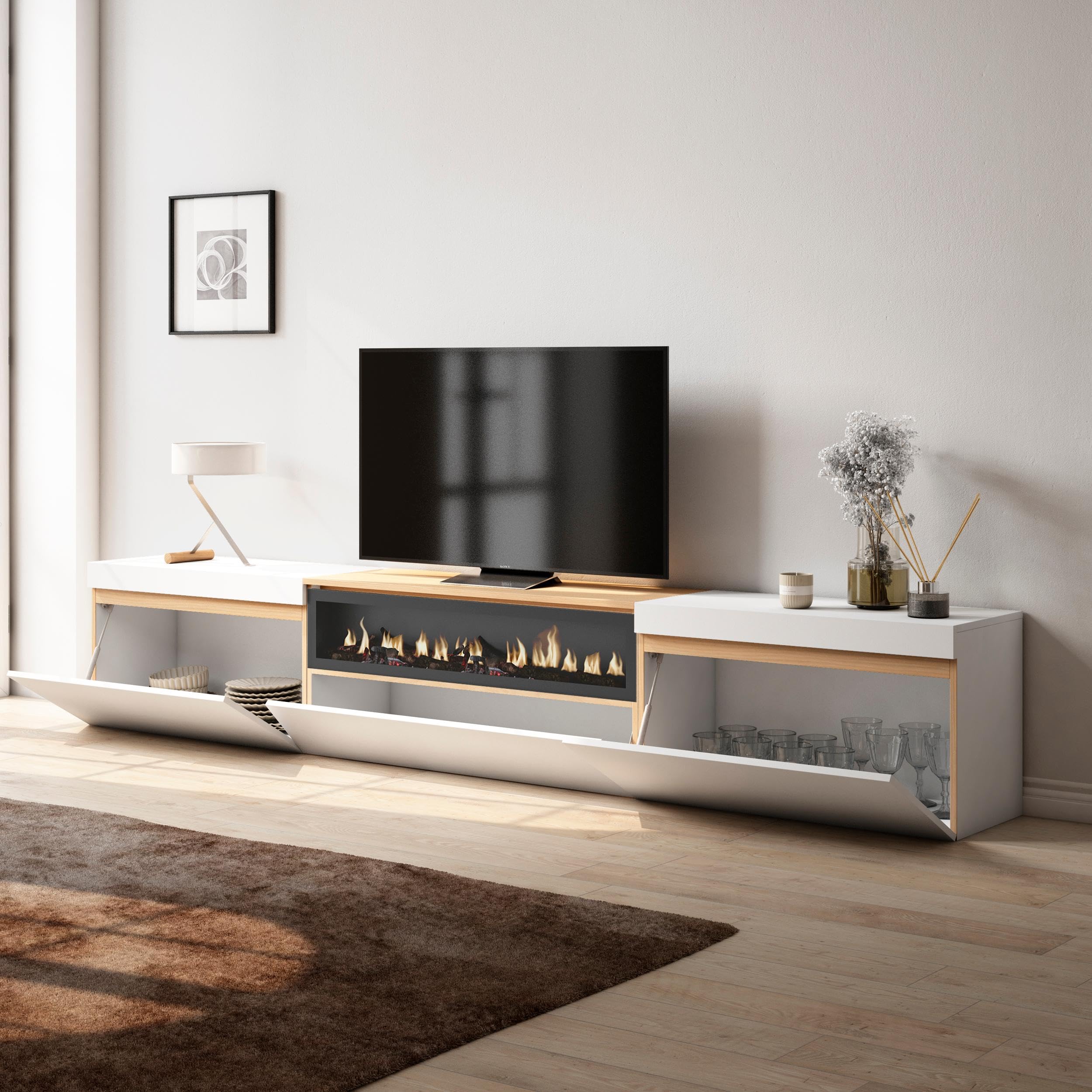 Skraut Home | Meuble TV | Banc Télé | Grand Espace de Rangement | 260x45x35cm | TV Grand Format | Cheminée électrique | Style Moderne | Blanc et Chêne Soft