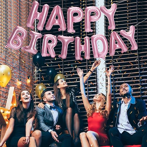 Miniatura 6 de Accevo Cartel rosa de Happy Birthday, 16 pulgadas, letras de papel de aluminio, globos con patrón de corazón, feliz cumpleaños para niños, adultos,