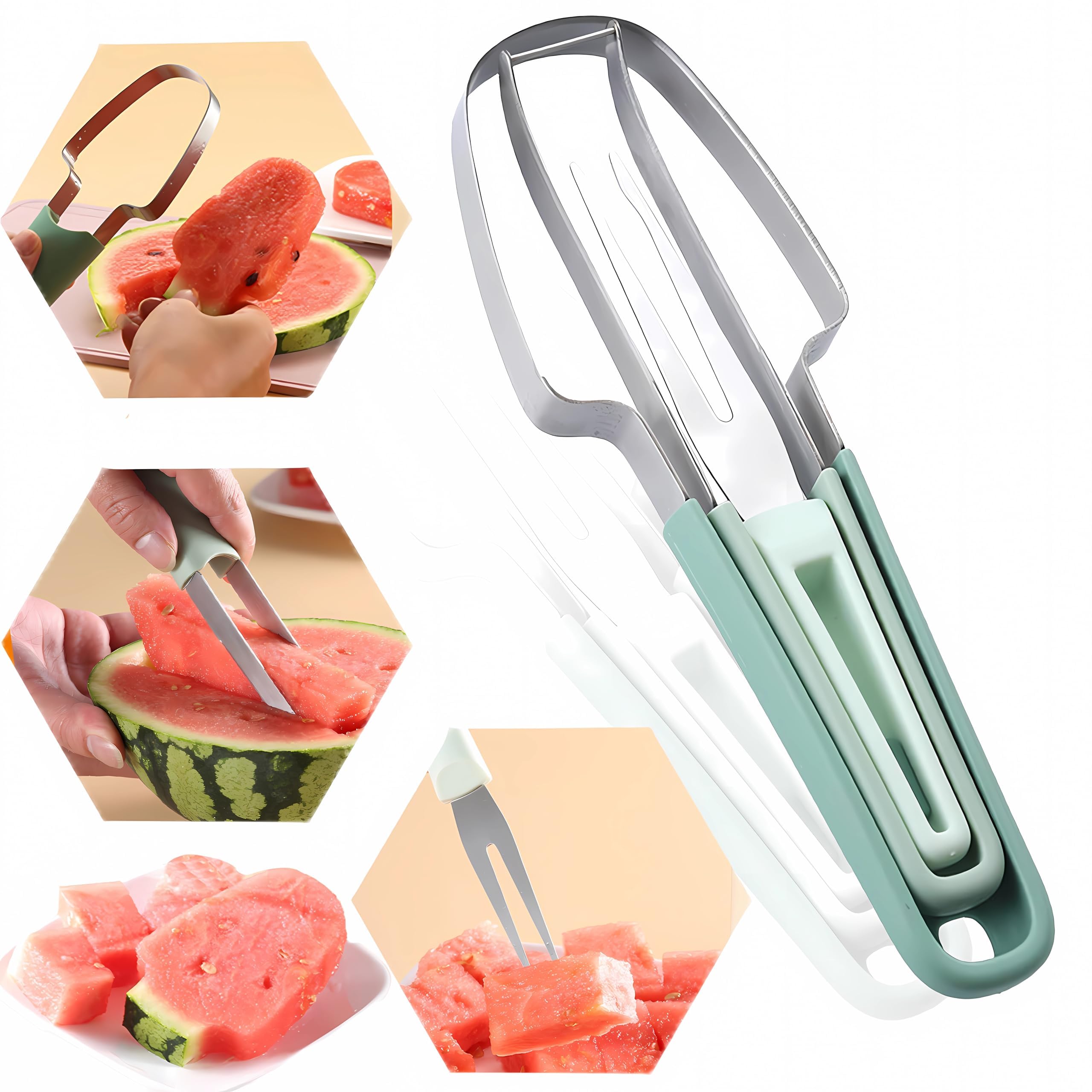Kwakwak Watermelon Cutter Slicer Tool,3-in-1 Stainless Steel Watermelon Cutter Watermelon Popsicle Cutter Watermelon Fork Fruit Cutting Tool for Kitchen Utility Gadgets