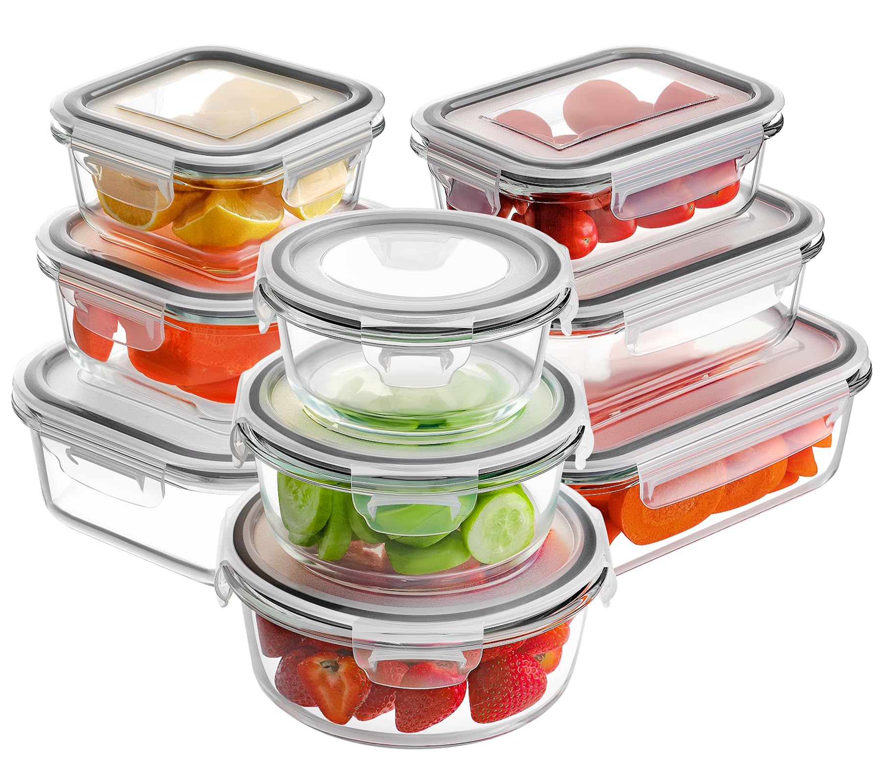 HOMBERKING Glass Food Storage Containers with Lids, [18 Piece] Glass Meal Prep Containers, Airtight Lunch Bento Boxes, BPA-Free & Leak Proof (9 lids & 9 Containers) - Grey
