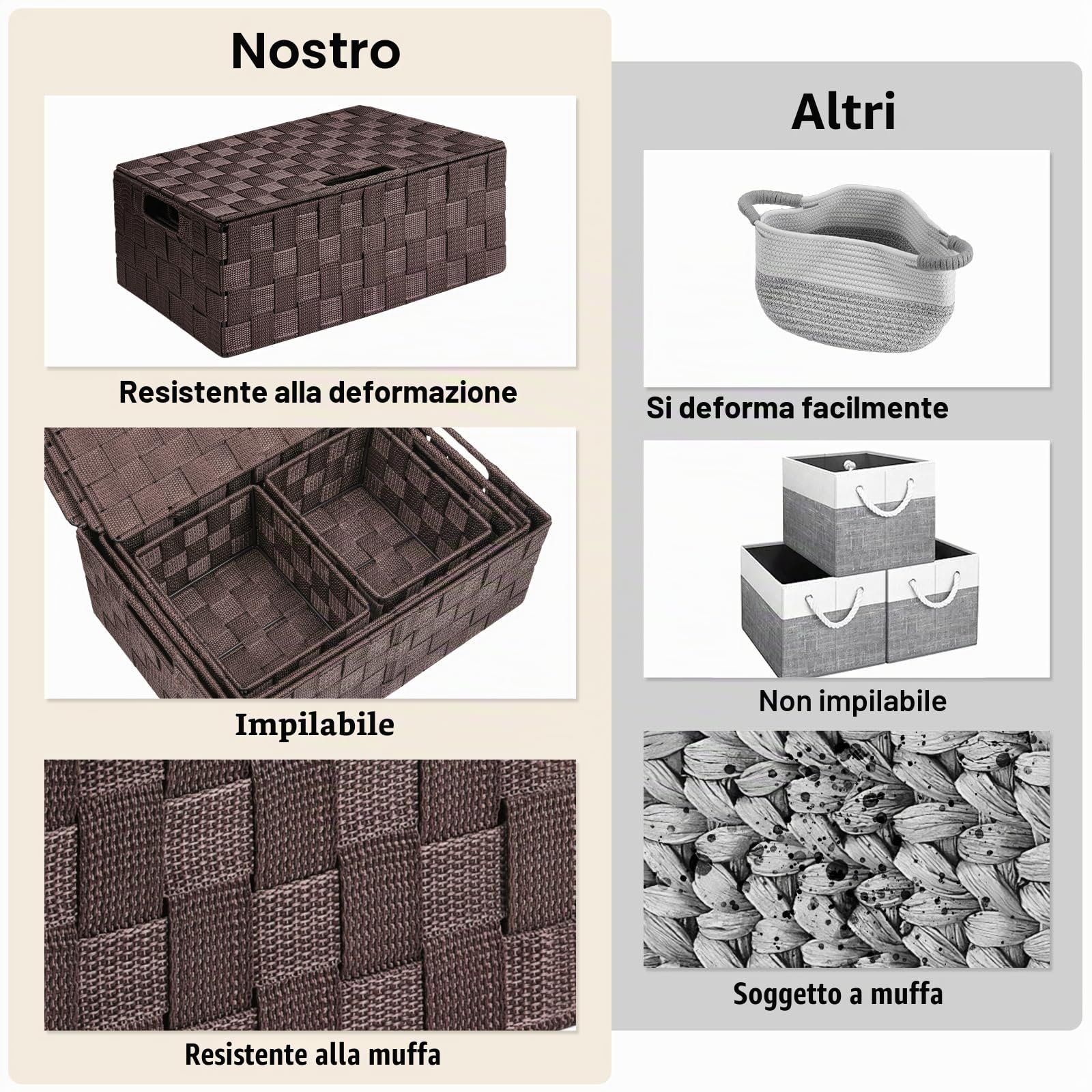 Uvellgift Set di 5 scatole portaoggetti da 34 cm con coperchio, impilabili, multiuso per riporre e organizzare bagno/stanza/asciugamani/trucchi (marrone)