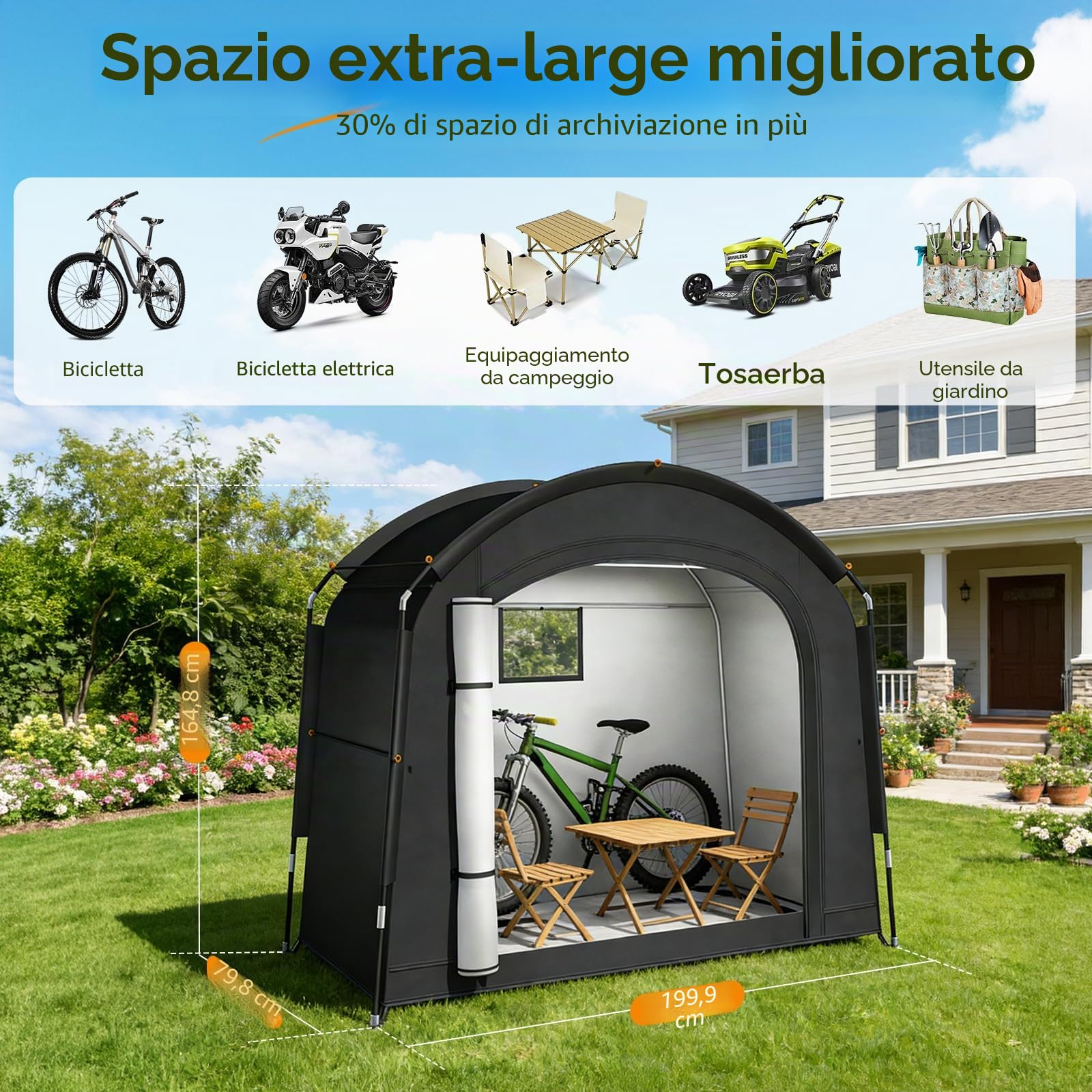 Tenda da campeggio per 2 – 3 biciclette, garage portatile per biciclette 200 x 80 x 165 cm, con tessuto Oxford 420D PU4000, resistente all'acqua, portatile, campeggio, tenda ausiliaria per bicicletta